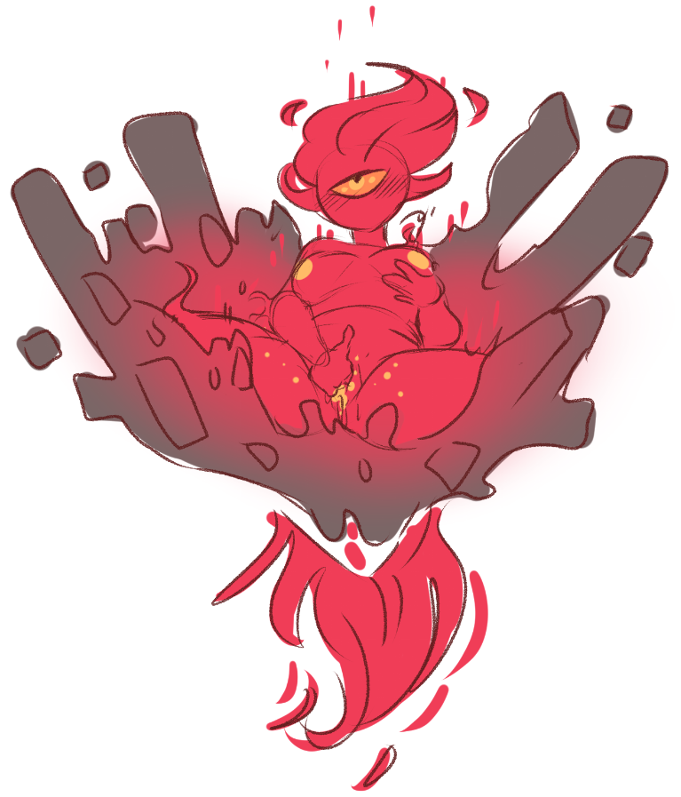 blush, breast grab, breasts, brimstone elemental, calamity mod, cum, cyclops, female, fingering, fire, looking pleasured, masturbation, monster girl, orange eyes, orange nipples, red skin, terraria, thick thighs