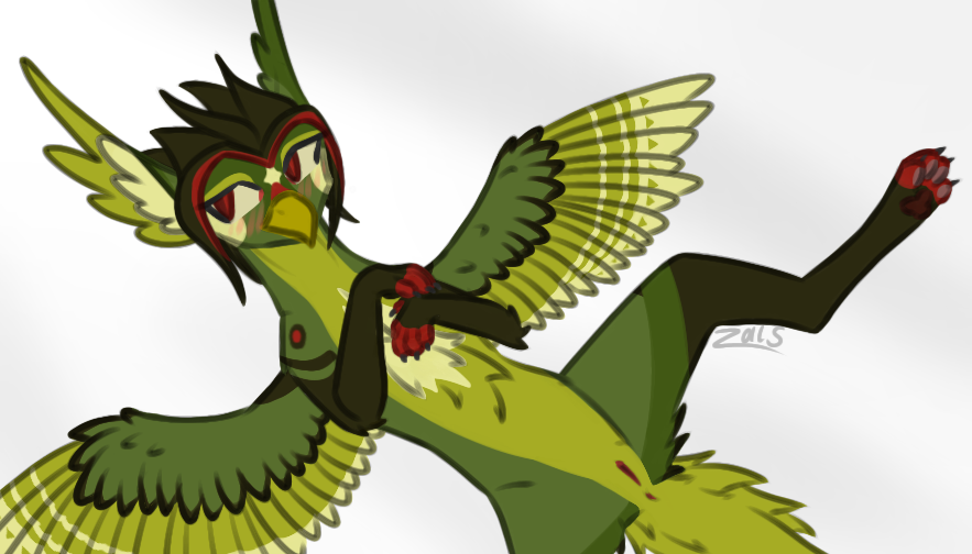 4_fingers 4_toes anus avian beak brown_hair brown_legs feathers feet female feral fingers genitals green_wings gryphon hair mythological_avian mythological_creature mythology pussy red_eyes toes wings zalivkustsyganili