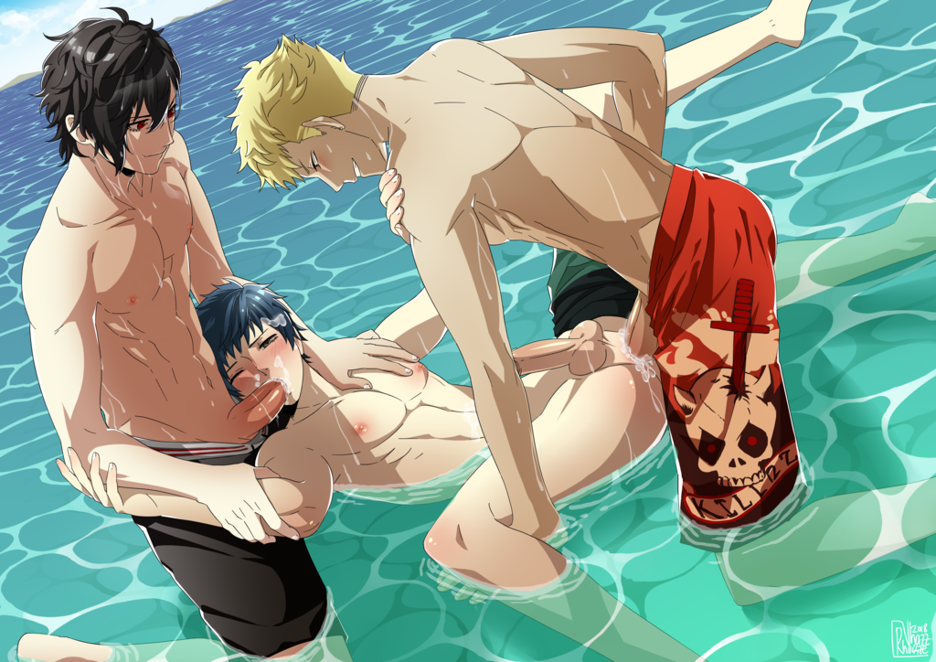 3boys abs anal anal_penetration anal_sex atlus beach black_hair blonde_hair blue_hair blush brown_eyes cum cum_in_ass cum_while_penetrated cumdrip ejaculation erect_nipples erection fellatio gay grin group_sex happy_sex legs_held_open lying megami_tensei multiple_boys naughty_face nipples ocean on_back one_eye_closed oral oral_sex orgasm outdoors penetration penis persona persona_5 public receiving_on_back red_eyes ren_amamiya ryuji_sakamoto sex shin_megami_tensei shorts_around_one_leg smile spitroast spread_legs sucking swimming_pool swimwear testicles threesome thrusting_into_ass topless uncensored vhazz water wet yaoi yuuki_mishima