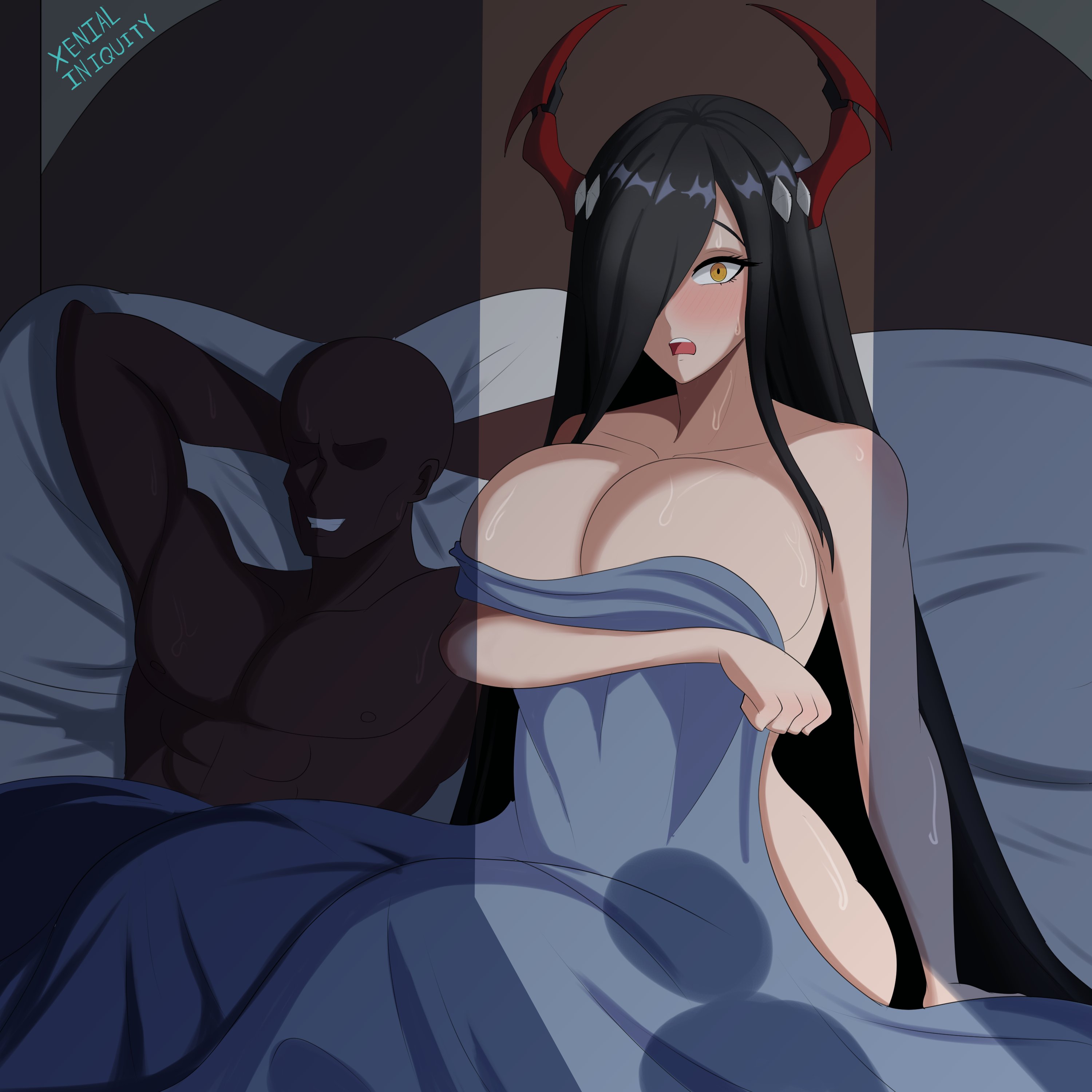 azur lane, bed, caught in the act, cheating, cheating (relationship), cheating female, cheating mother, cheating on son, cheating wife, dark skin, dark-skinned male, female, friedrich der grosse (azur lane), interracial, male, motherly cuckold, netorare, netorase, ntr, red horns, son cuck, tagme, xenial iniquity