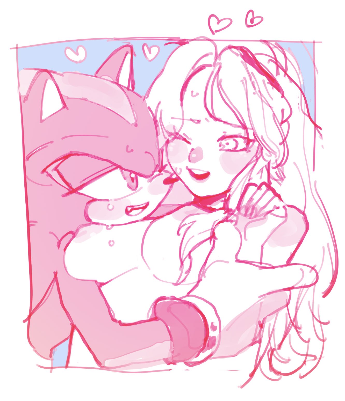 1boy1girl, blush, breasts, breasts out, female, hearts around head, limited palette, male, male anthro/female human, maria robotnik, nude female, pammmllee, sega, shadow the hedgehog, sonic (series), sonic the hedgehog (series), sweat