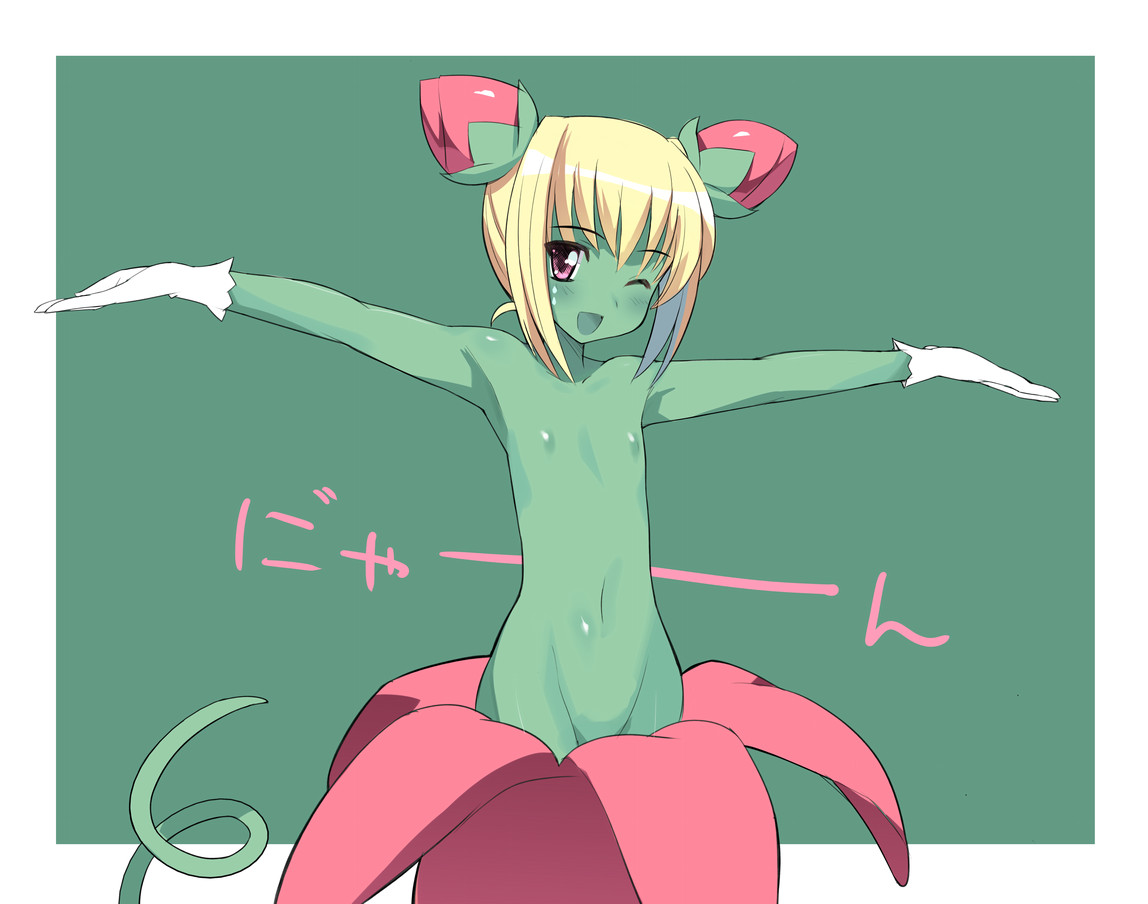 1girls alraune blonde_hair disgaea disgaea_2 female flat_chest flora_beast_(disgaea) green_skin monster_girl nippon_ichi_software nude plant_girl sikorsky solo wink