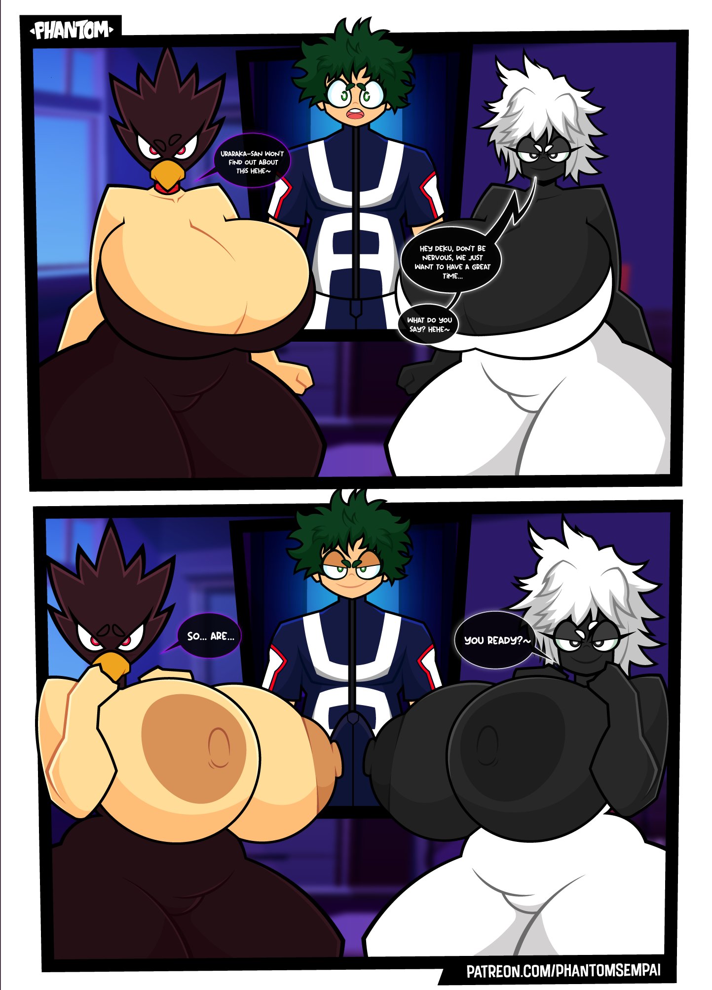 1boy, 1boy2girls, 2girls, ass bigger than body, ass bigger than head, big breasts, breasts, breasts bigger than body, breasts bigger than head, female, fumikage tokoyami, hyper breasts, izuku midoriya, kuroiro shihai, male, my hero academia, phantomsempai, rule 63, shihai kuroiro, tagme, tagme (character), thick thighs, tokoyami fumikage, topless, topless female, wide hips