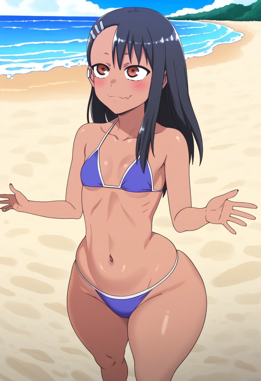 1girls, ai generated, beach, big hips, bikini, black hair, breasts, d-art style, female, hayase nagatoro, long hair, please don't bully me, nagatoro, small breasts, toonai