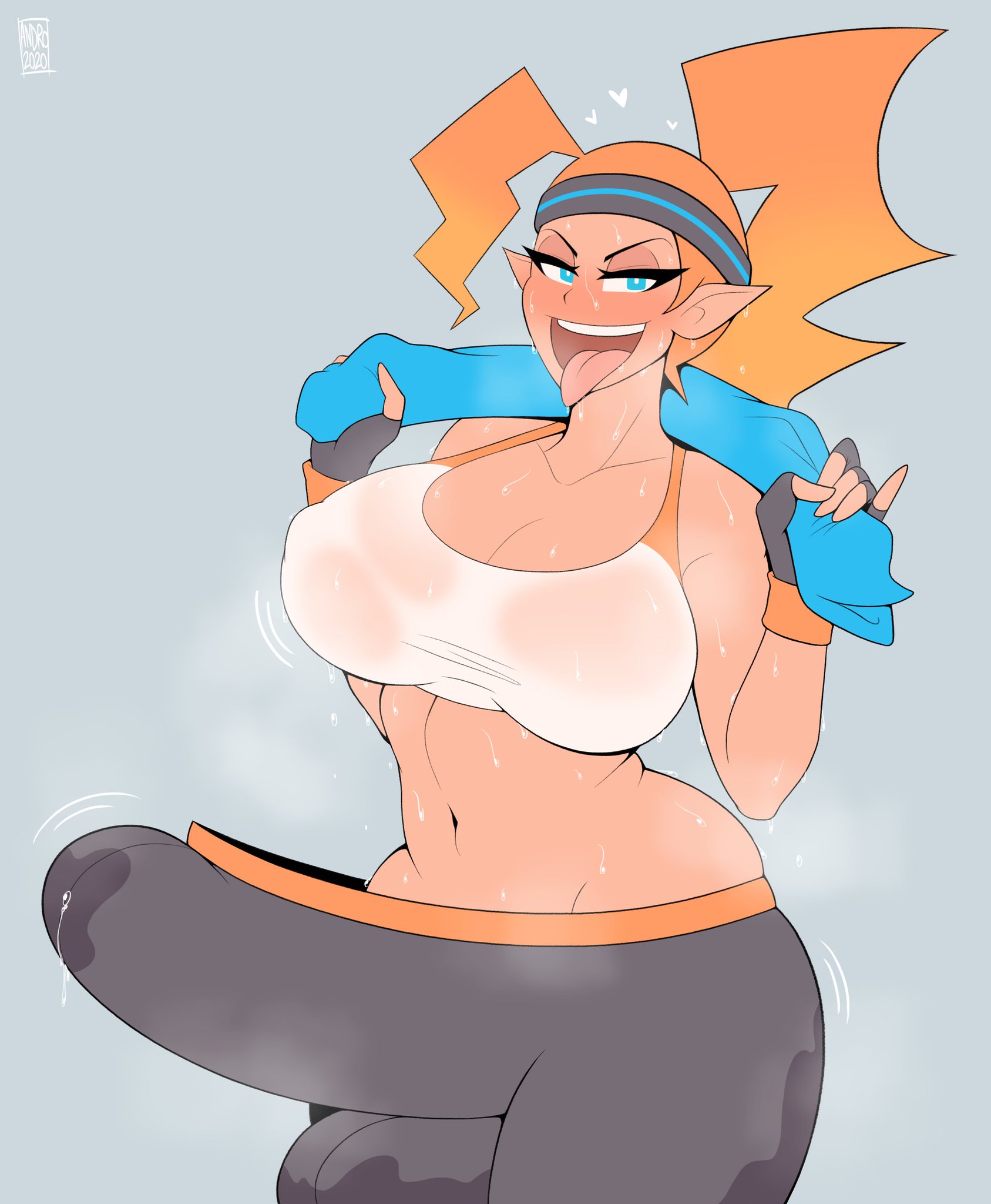 1futa, 2020, abs, androjuniarto, ass, balls, balls bulge, balls under clothes, blue eyes, blush, breasts, bulge, bulge through clothing, cameltail, cleavage, curvy, dark skin, dark-skinned futa, erection, erection under clothes, female, fingerless gloves, futa only, futa sans pussy, futanari, grey background, gym clothes, heart, horny, huge ass, huge breasts, huge cock, hyper, hyper balls, hyper penis, impossible clothes, intersex, looking at viewer, orange hair, penis, penis bulge, penis under clothes, pointy ears, ponytail, precum, precum drip, precum through clothing, ring fit adventure, ring fit trainee (female), see-through top, solo, sports bra, sweat, sweatband, tenting, thick thighs, tongue, tongue out, wet, wide hips, workout clothes, yoga pants