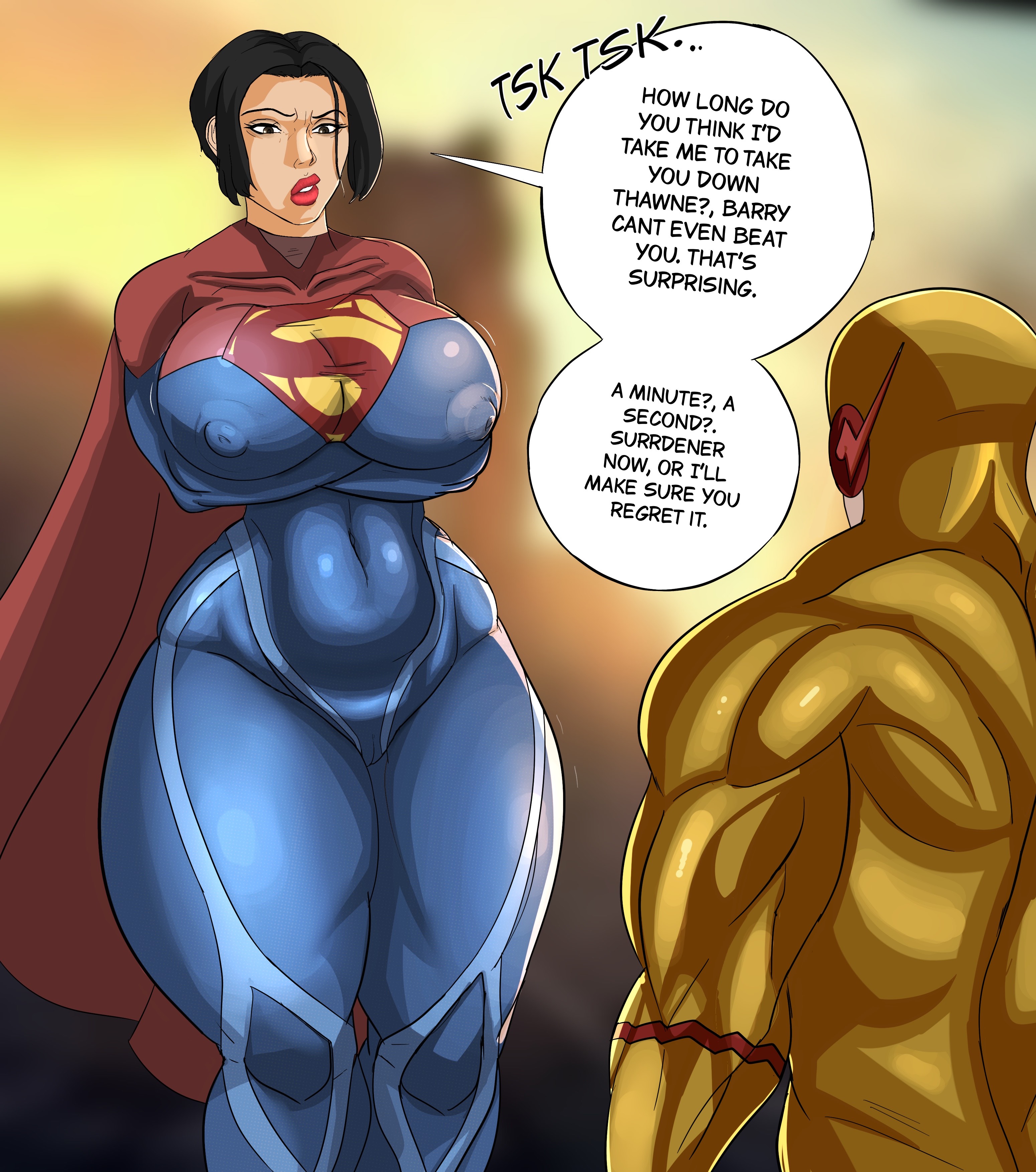 1boy, 1girls, arrogant, big breasts, black hair, breasts, cape, cocky, crossed arms, dc, dc comics, dc extended universe, dceu, eobard thawne, female, female focus, flash, floating, glowing, huge breasts, krampuss, krampuss234, large breasts, male, nipple bulge, nipples visible through clothing, reverse flash, sasha calle, short hair, supergirl, supergirl (sasha calle), superheroine, superman (series), the flash (2023), the flash (series), thick thighs, thighs bigger than head, tomboy