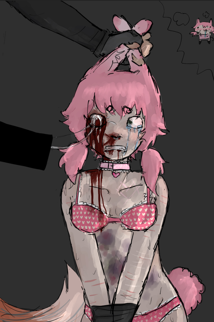 abuse, blood on face, blood stain, boyfriend to death, collar, crying, crying female, crying with eyes open, cum, cum in eye, eye fucking, eye penetration, eye socket penetration, female, fox tail, gore, guro, pink hair, rape, ren hana, snuff, the price of flesh, underwear