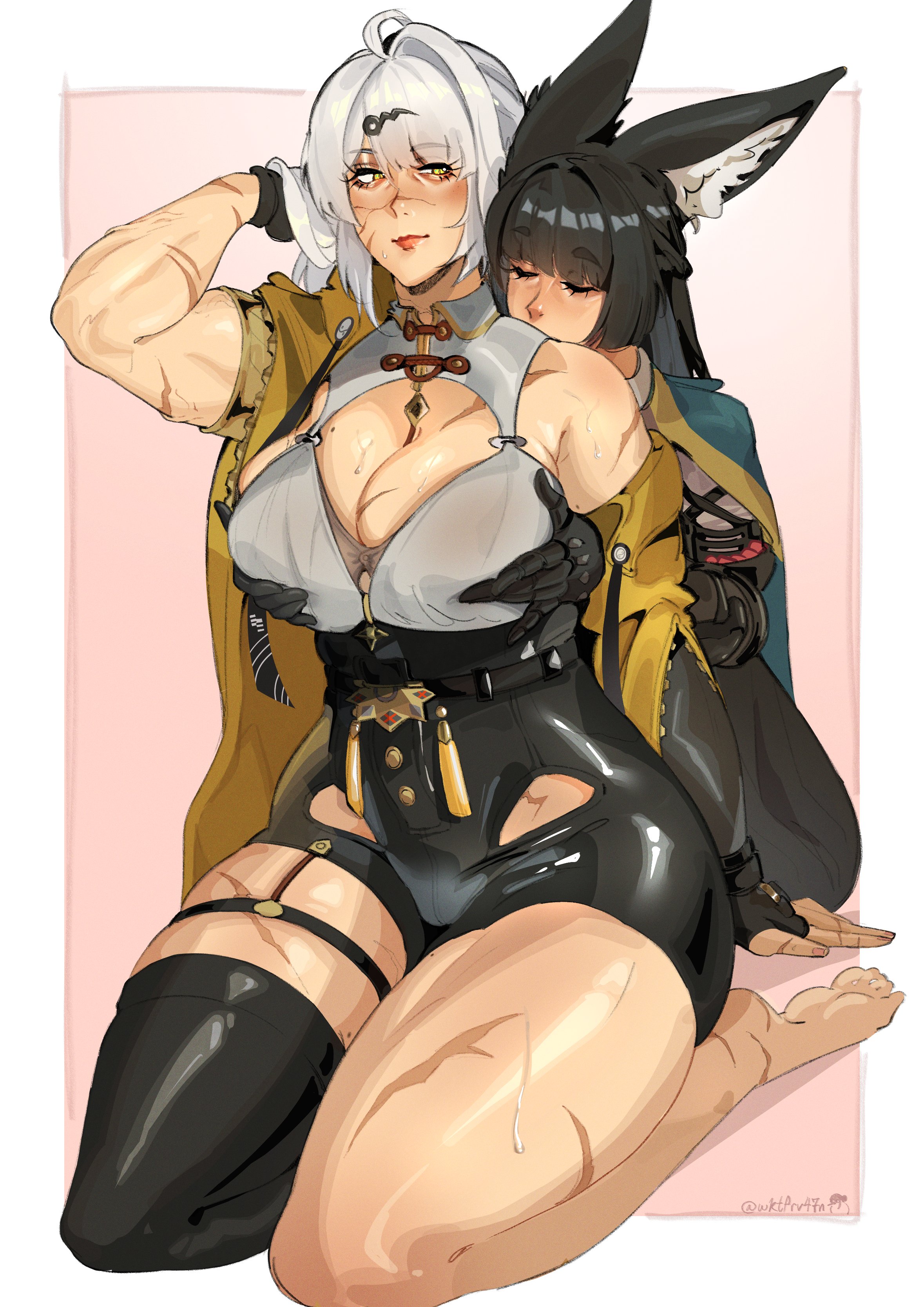 2girls, big breasts, breast grab, breasts, female, female only, female/female, hoshimi miyabi, large breasts, lesbian focus, muscular, muscular female, scar, scars, scars all over, voluptuous, wktfrv47n, yixuan (zenless zone zero), yuri, zenless zone zero