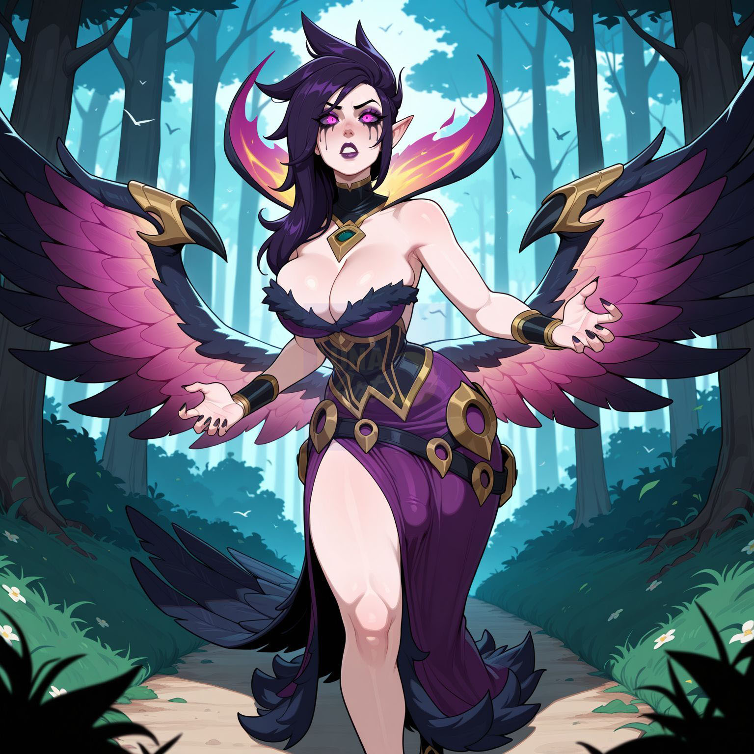 ai generated, bare shoulders, bird, bird tail, black hair, black lips, black nails, black sclera, black wings, breasts, bulge, bush, cleavage, clothing, colored sclera, day, detached collar, dress, eyeshadow, feather trim, feathered wings, feathers, female, flower, forest, fur trim, futanari, glowing eyes, grass, intersex, large breasts, league of legends, lipstick, long hair, looking at viewer, low wings, lunaart, makeup, morgana, multicolored wings, nail polish, nature, outdoors, parted lips, path, pink eyes, pink wings, pointy ears, purple dress, purple eyes, purple hair, purple lips, purple nails, purple wings, riot games, runny makeup, shiny skin, side slit, solo, standing, strapless dress, teeth, tree, walking, wings