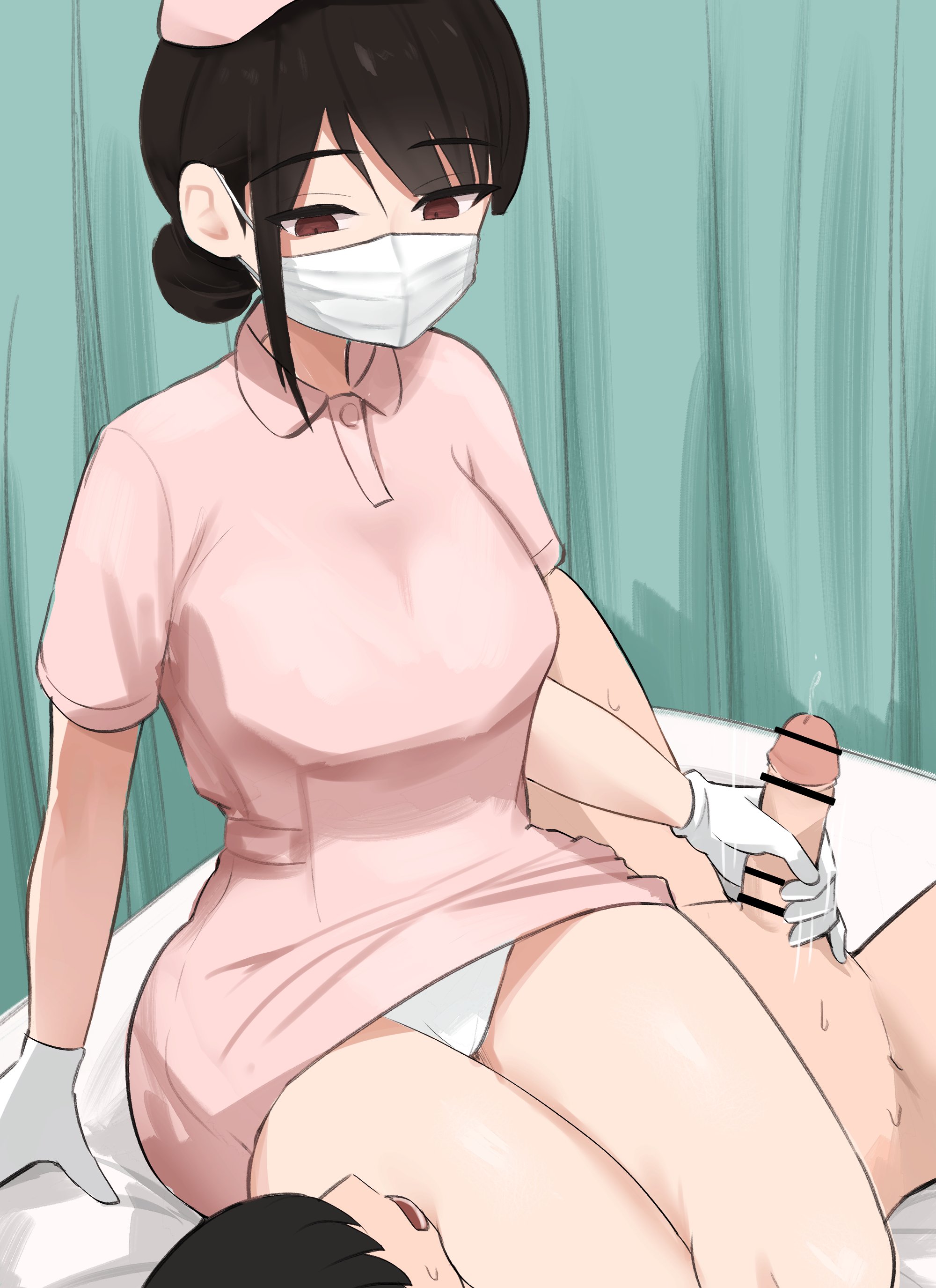 1boy, 1girls, bar censor, black hair, black-haired female, censor bar, censored, censored penis, clothed female nude male, cock, completely naked male, completely nude, completely nude male, dick, eyebrows visible through hair, female, female on top, femdom, genitals, gloved handjob, gloves, hair between eyes, handjob, hourglass figure, i b (yaun2242), male, male on bottom, mask, masked, masked female, naked, naked male, nude, nude male, nude male clothed female, nurse, nurse cap, nurse clothing, nurse hat, nurse uniform, original, panties, penis, sitting, sitting on person, thick thighs, thighs, white gloves, white panties