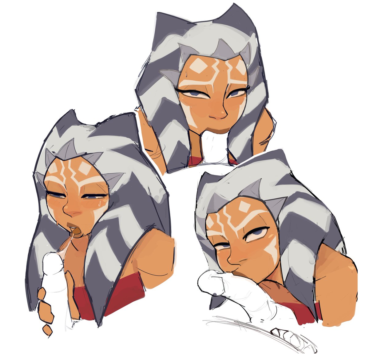 1boy, 1girls, 2025, ahsoka tano, aldorian, balls, big penis, big titties, blowjob, blue eyes, breasts, clothing, curvaceous, curvaceous female, curvaceous figure, curvy, curvy figure, curvy hips, face markings, fellatio, female, female focus, kissing, kissing penis, looking at viewer, lucasfilm, male, nipples, orange body, orange skin, penis, saliva, saliva trail, star wars