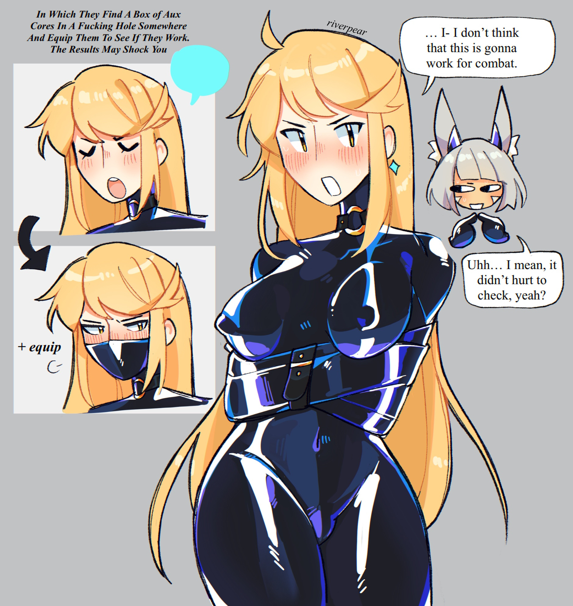 1futa, 1girls, bondage, bound, bulge, cat ears, cat girl, english text, female, femsub, futanari, intersex, latex, latex clothing, mythra, nia, nia (xenoblade), open mouth, penis, riverpear, rubber, rubber clothing, shiny clothes, small penis, straitjacket, text, trans woman, xenoblade (series), xenoblade chronicles 2, yuri