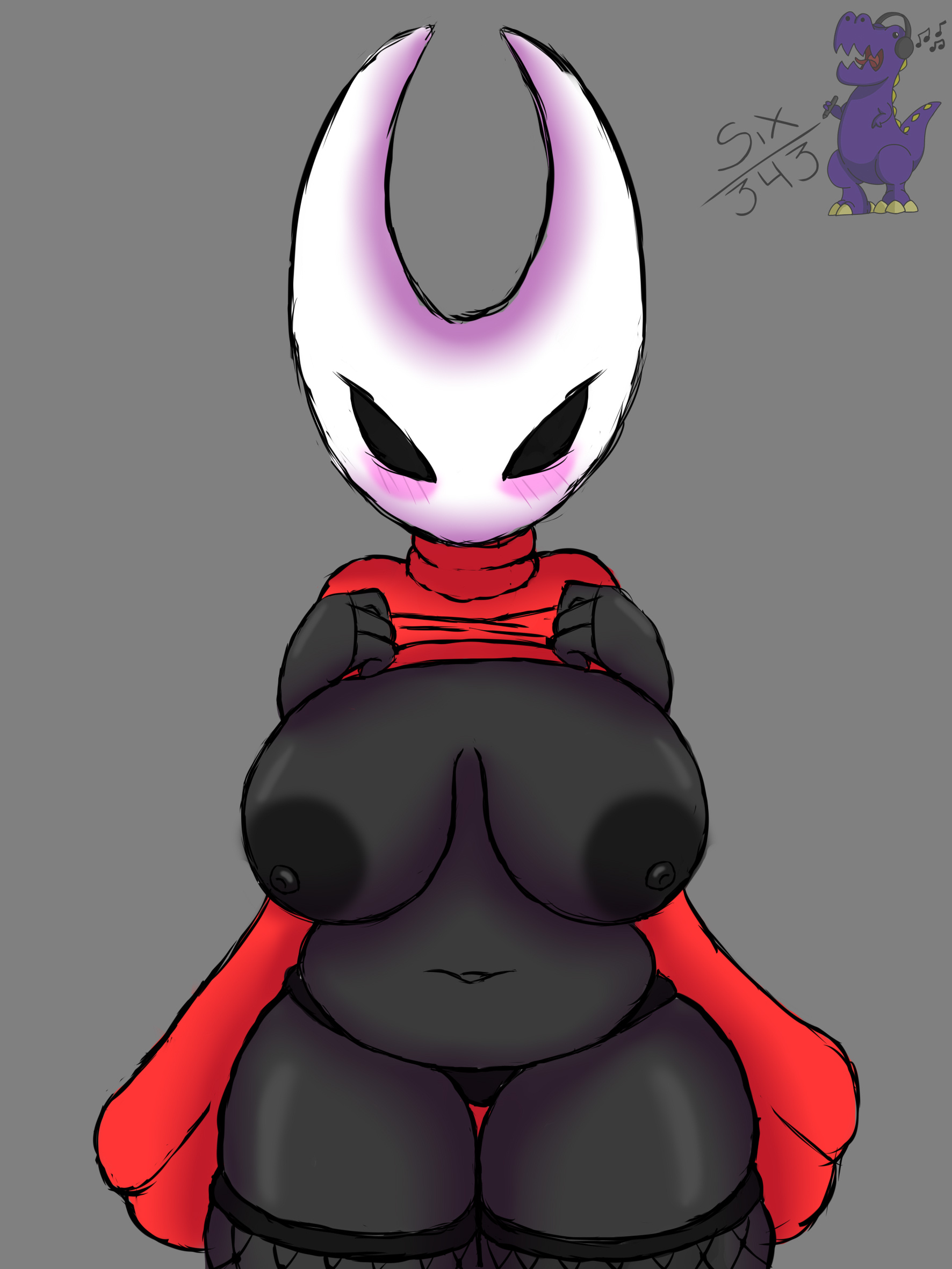 1girls, big breasts, breasts apart, chubby, chubby female, embarrassed, hollow knight, hollow knight (franchise), hollow knight: silksong, hornet (hollow knight), simple background, six343, team cherry, video games