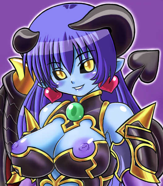 astaroth astaroth_(shinrabanshou) blue_skin clothing demon_girl demon_horns demon_tail demon_wings horns large_breasts pointy_ears shinrabanshou succubus upper_body