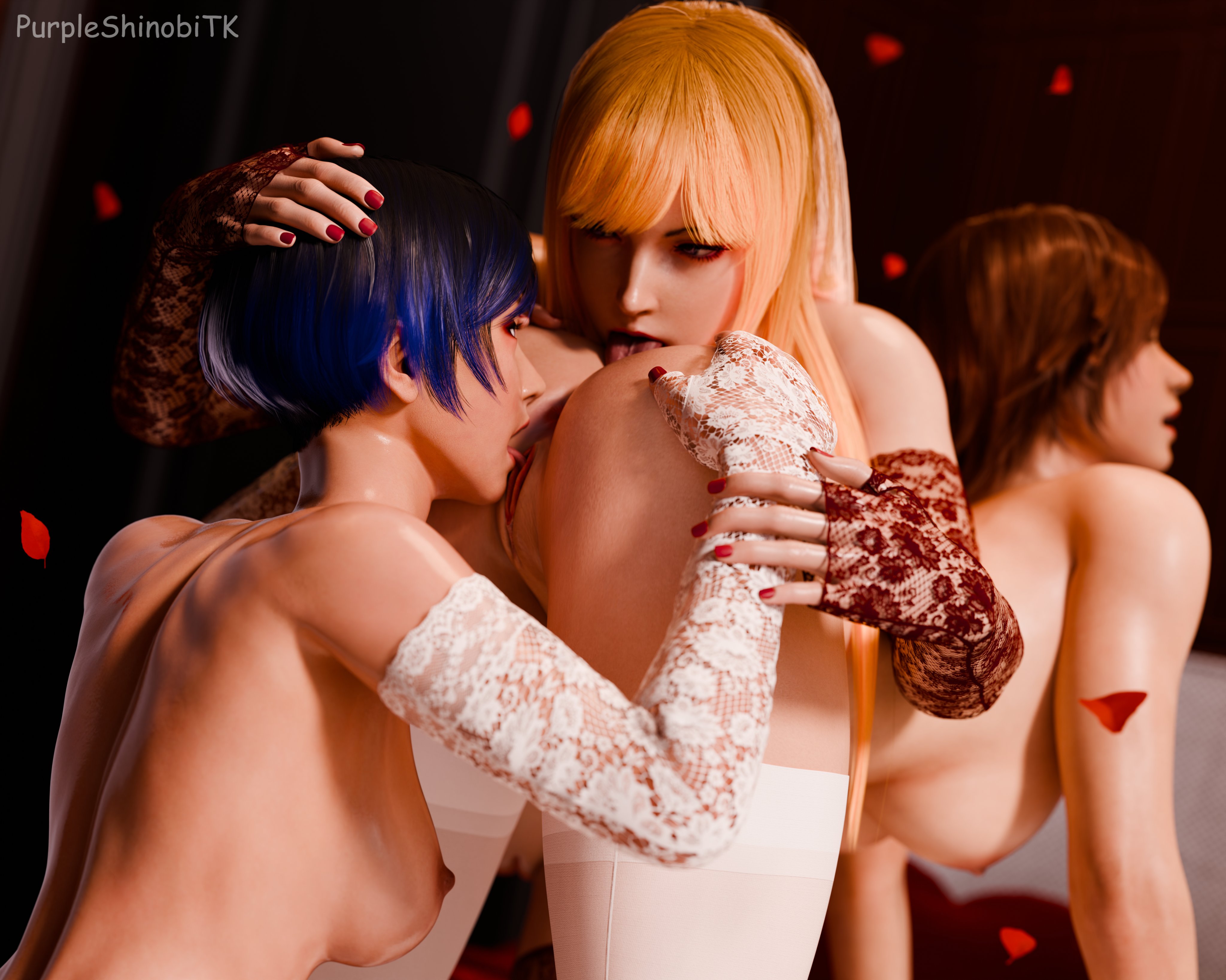 3d, 3girls, anilingus, anilingus from female, black hair, blonde hair, brown hair, cunnilingus, emilie de rochefort, female, female only, fff threesome, kazama asuka, light skin, light-skinned female, namco, nude, nude female, oral, oral sex, purple shinobi, reina mishima, rimjob, rimming, rimming female, tekken, tekken 8, threesome, trio, yuri