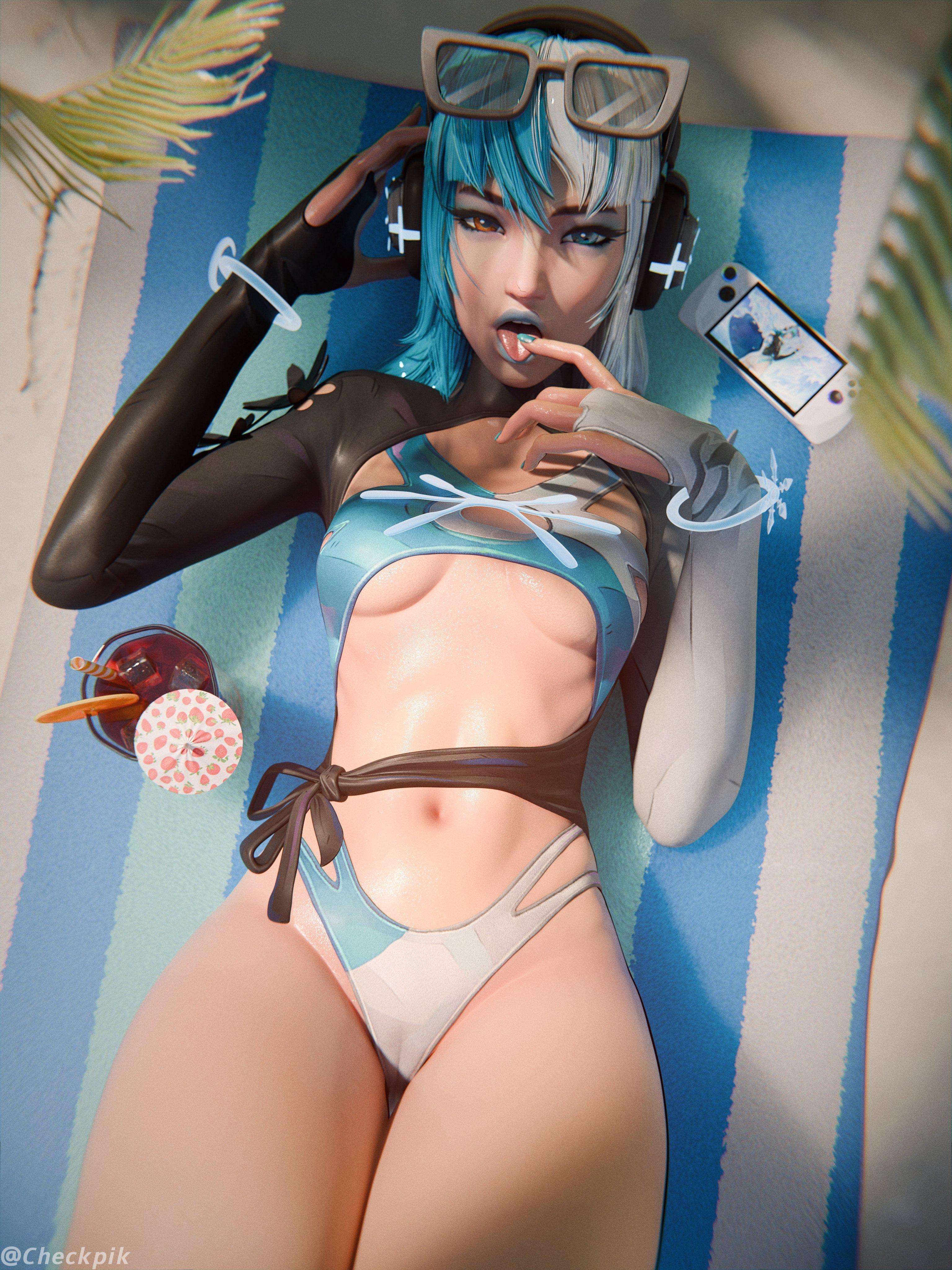 1girls, 3d, beach, big ass, breasts, cameltoe, checkpik, clothed, female, female only, female torso, luna snow, luna snow (cool summer), luna snow (marvel rivals), marvel, marvel comics, marvel rivals, navel, selfie, swimsuit, thick thighs, underboob