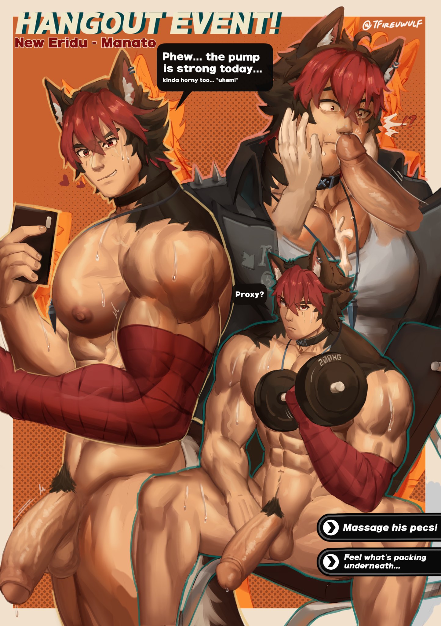 bara, big pecs, boner, cellphone, dumbbell, english text, erection, exercise, flaccid, gay, gay male, komano manato, male, male only, muscular, nude, pecs, penis, tagme, tfireuwulf, yaoi, zenless zone zero