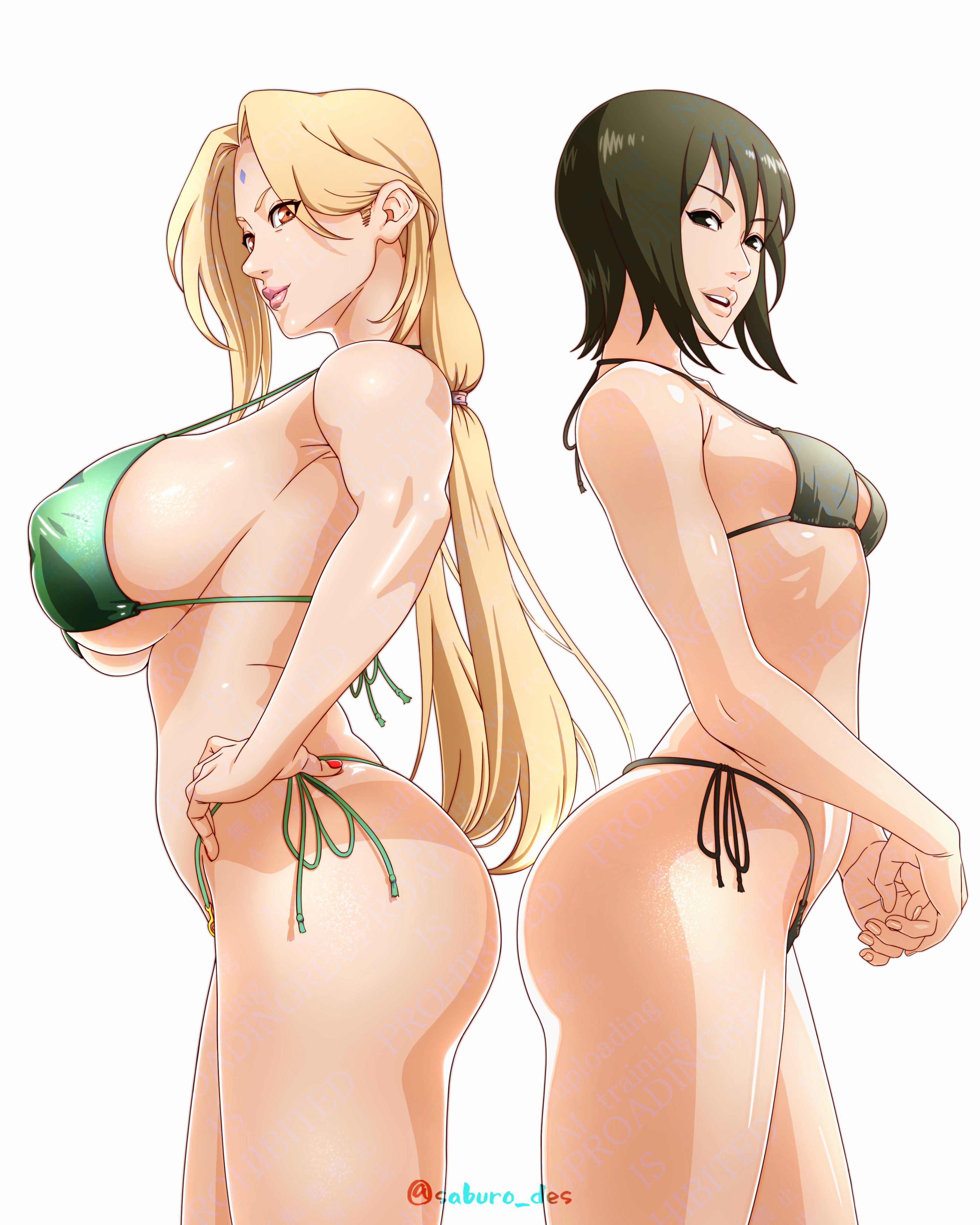 2girls, adapted costume, ass, back to back, big ass, big breasts, bikini, black eyes, black hair, blonde hair, breast size difference, breasts, busty, character name, female, female only, hands on hips, hands together, head out of frame, highleg, highleg bikini, highres, hourglass figure, huge ass, huge breasts, in profile, large breasts, legs together, lipstick, long hair, looking at viewer, makeup, mature, mature female, midriff, milf, multiple females, multiple girls, nail polish, naruto, naruto (series), naruto shippuden, pinup, plain background, revealing swimsuit, saburo des, sagging breasts, shiny, shiny hair, shiny skin, shizune, side view, side-tie bikini bottom, side-tie panties, sideboob, simple background, skimpy, skimpy bikini, swimsuit, take your pick, teacher and student, thick thighs, thighs, tsunade, twintails, underboob, very long hair, watermark, white background, wide hips