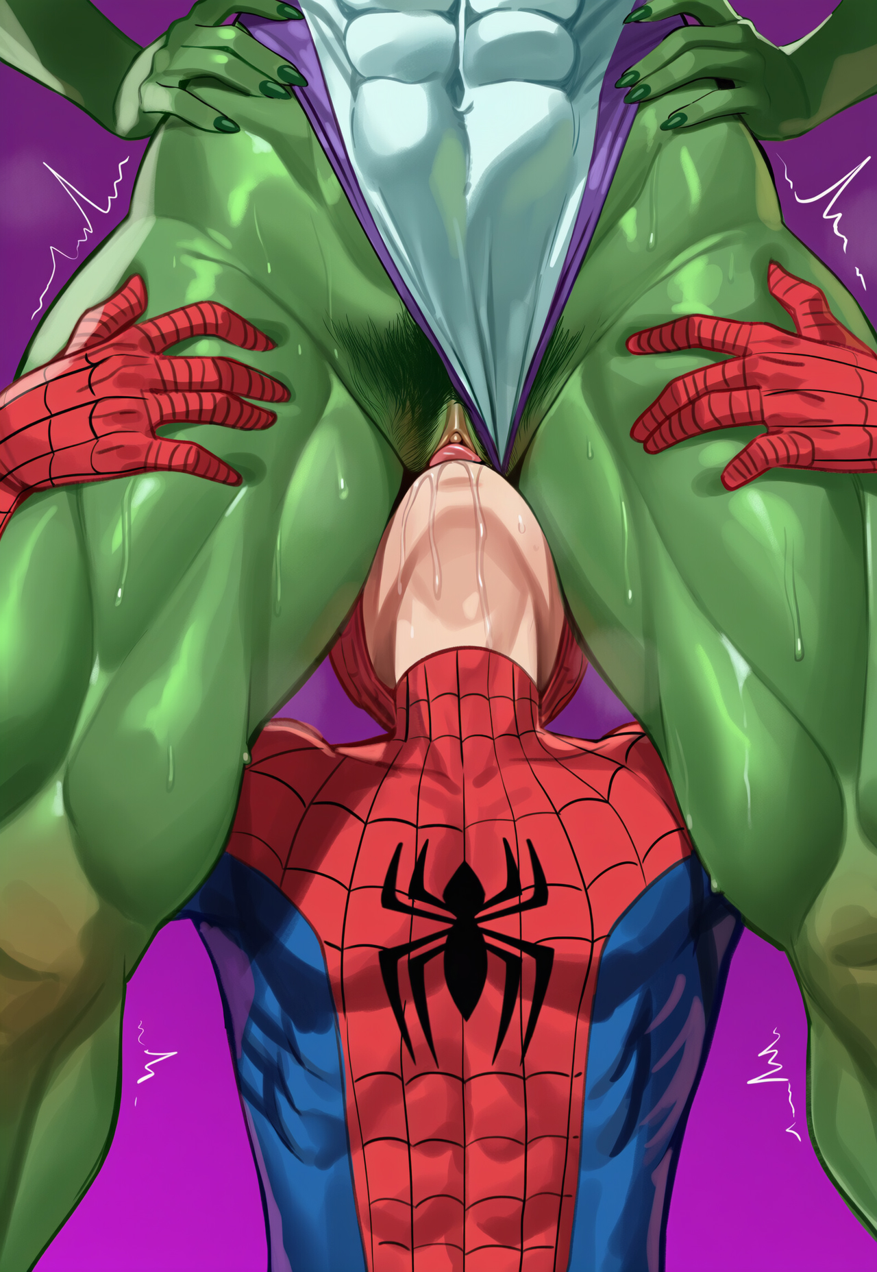 1boy, 1boy1girl, 1girls, ai generated, clitoris, cunnilingus, female, green nails, green skin, green-skinned female, hands on hips, hands on legs, hands on thighs, hidden face, hips, hulk (series), human, human male, jagat ai, jennifer walters, leotard, leotard aside, light skin, light-skinned male, lower body, male, male/female, marvel, marvel comics, muscular, muscular female, oral, oral sex, out of frame, peter parker, pubic hair, pussy, pussy juice, saliva, she-hulk, spider-man, spider-man (series), spread legs, straight, thick thighs, thighs, tongue, tongue out, upper body