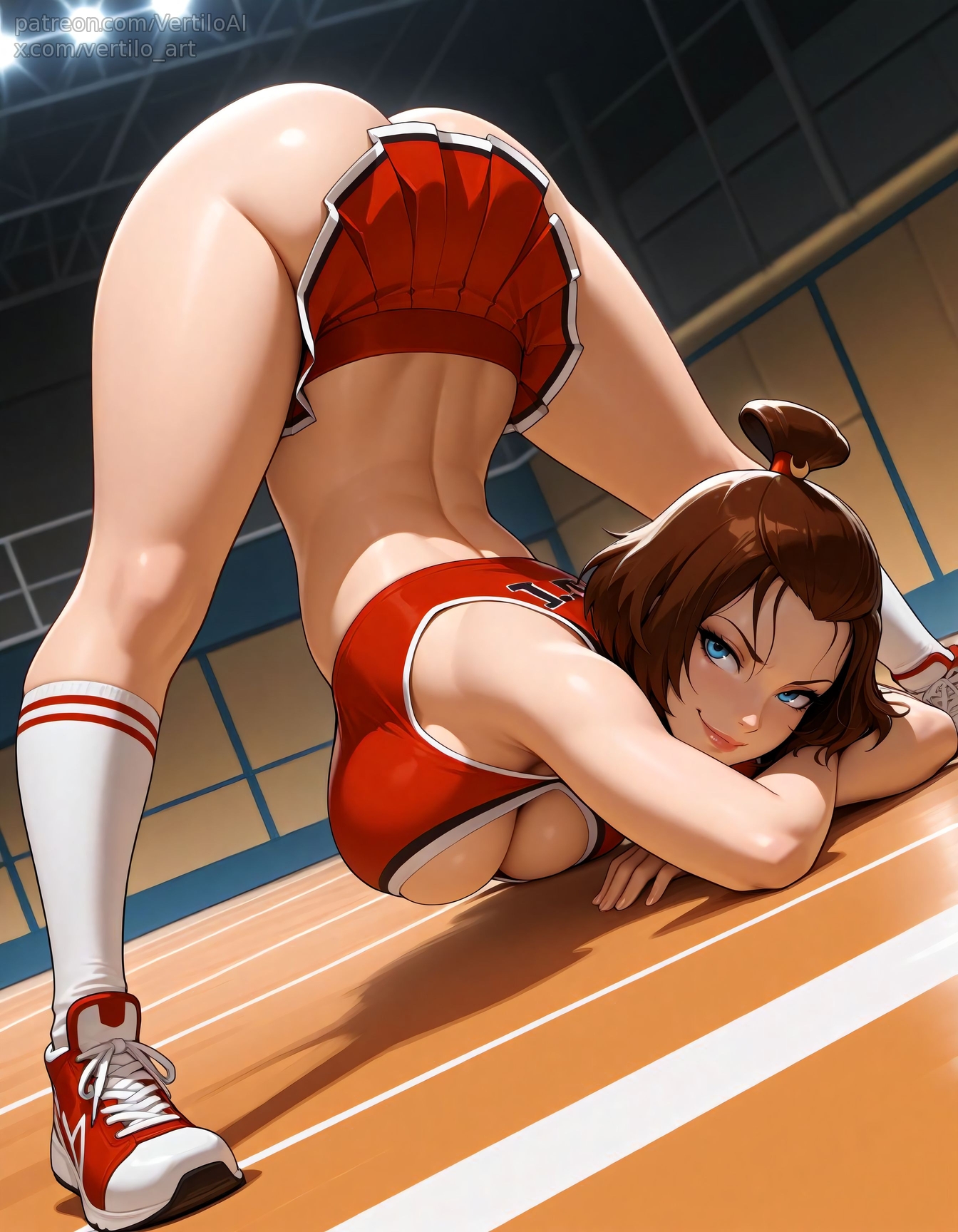 1girls, ai generated, ass, avatar the last airbender, breasts, cheerleader, cleavage, female, female only, jack-o pose, jack-o' pose, large breasts, suki, top-down bottom-up, vertiloart