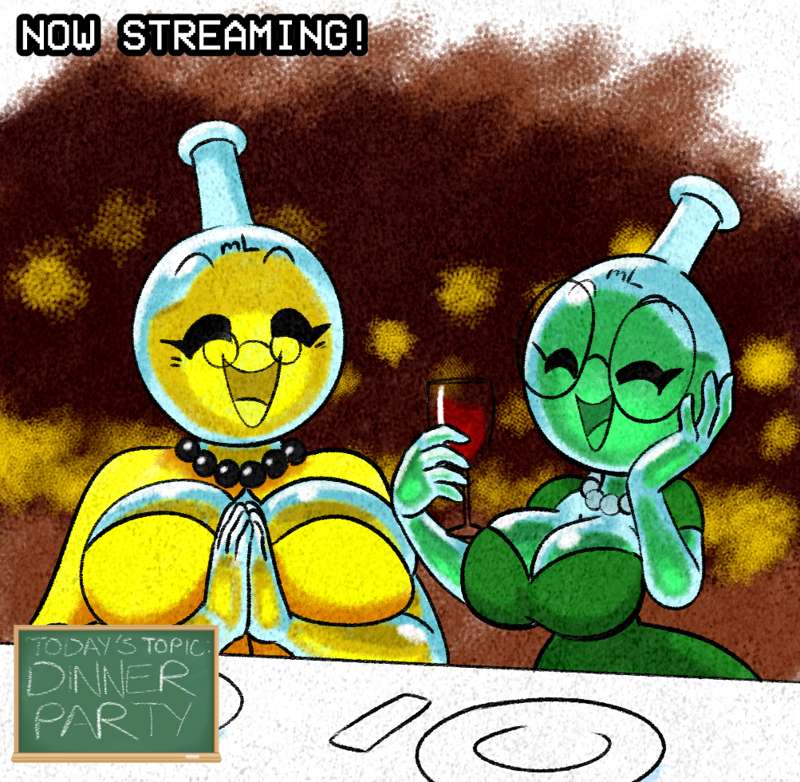 anthro, big breasts, breasts, dinner, female, flask, glass, glass girl, glasses, green dress, male, millie (tansau), mother and daughter, neck brace, older female, older female and younger female, sketch, tansau, wine, wine glass, yellow dress