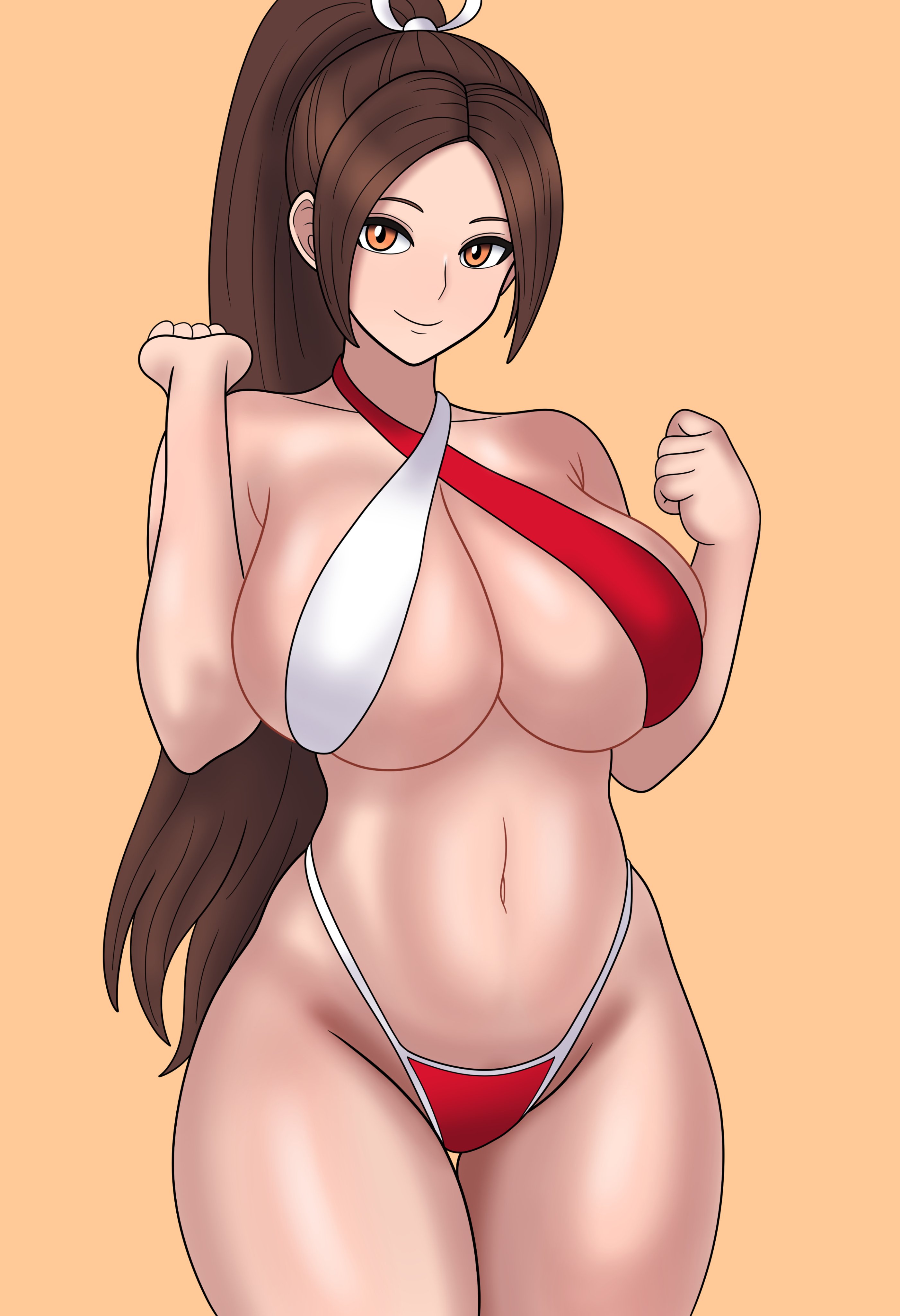 1girls, absurd res, absurdres, alternate breast size, big breasts, bojack198, breasts, brown eyes, brown hair, busty, child bearing hips, cleavage, curvaceous, curves, curvy, curvy body, curvy female, curvy figure, curvy hips, fatal fury, fatal fury: city of the wolves, female, female focus, female only, g-string, hair ribbon, hi res, high resolution, highres, hips, hourglass figure, huge breasts, inner sideboob, king of fighters, kof, large breasts, light skin, light-skinned female, long hair, looking at viewer, mai shiranui, micro bikini, pale skin, pale-skinned female, panties, pinup, ponytail, pose, posing, red bikini, red bikini bottom, red bikini top, red panties, red swimsuit, ribbon, sideboob, skimpy, skimpy bikini, skimpy clothes, smile, smiling, smiling at viewer, snk, solo, solo female, solo focus, standing, street fighter, street fighter 6, the king of fighters, thick thighs, thighs, thong, tied hair, underboob, very high resolution, voluptuous, voluptuous female, white bikini, white bikini bottom, white bikini top, white swimsuit, white thong, wide hips