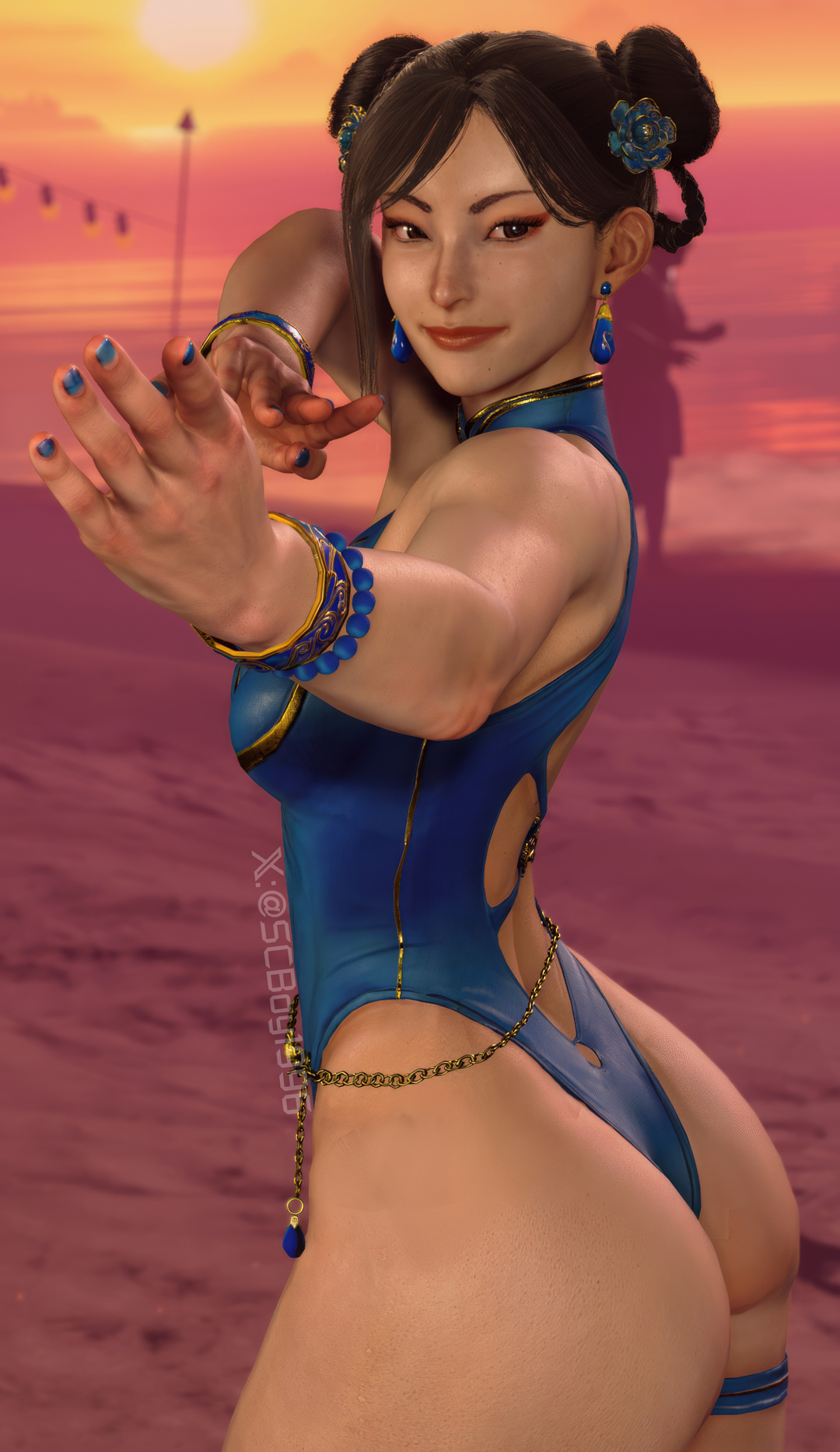 1girls, 3d, asian, asian female, beach, breasts, capcom, chun-li, female, female only, game screenshot, hair bun, large breasts, looking at viewer, official alternate costume, screenshotboy96, solo, solo female, street fighter, street fighter 6, swimsuit, tagme, twitter username
