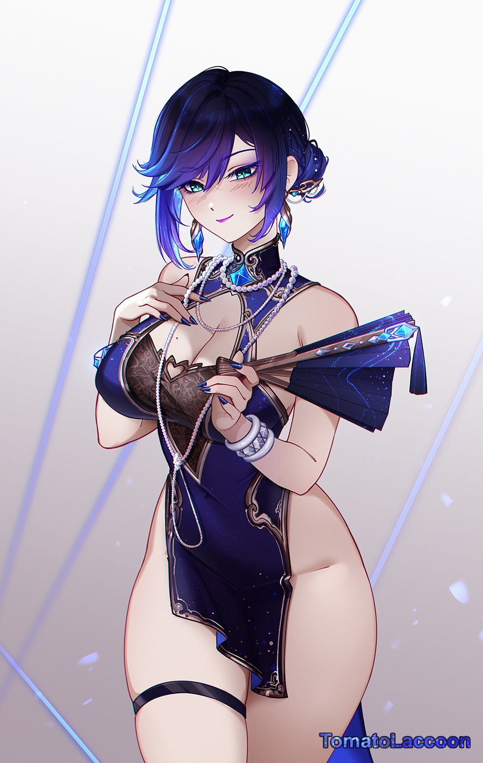 1girls, breasts, dress, female, female focus, female only, genshin impact, large breasts, light skin, light-skinned female, looking at viewer, solo, thick thighs, thighs, tomatolaccoon, tomatolacoon, wide hips, yelan (genshin impact)