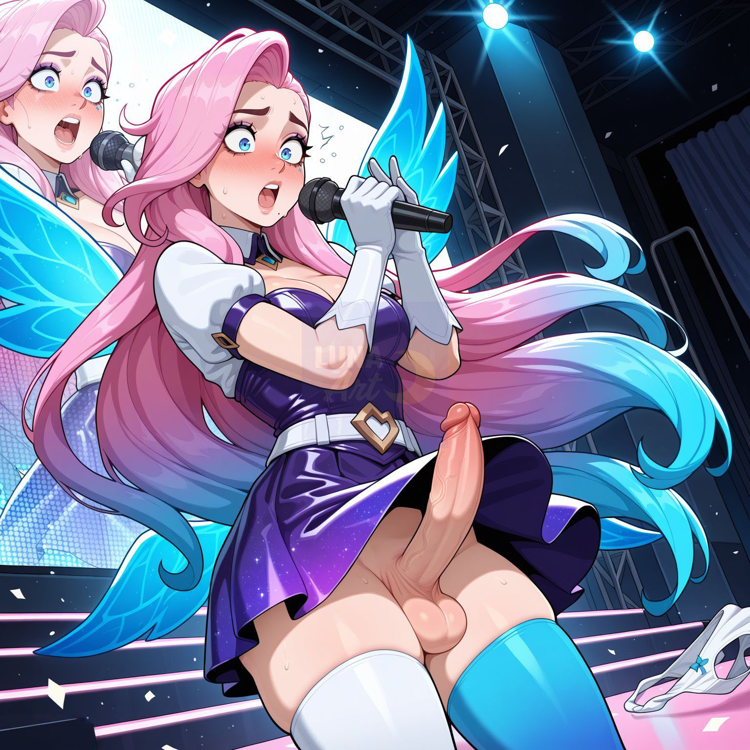 1futa, ai generated, asymmetrical legwear, balls, belt, blue eyes, blue eyeshadow, blue hair, blue thighhighs, blush, bow, breasts, cleavage, clothing, concert, detached wings, dress, erection, female, futanari, gloves, gradient hair, hands up, holding, holding microphone, intersex, large breasts, large penis, league of legends, legwear, long hair, lunaart, medium breasts, microphone, mismatched legwear, mole, multicolored hair, open mouth, panties, penis, pink hair, puffy short sleeves, puffy sleeves, purple dress, riot games, seraphine (league of legends), short sleeves, singing, skindentation, solo, stage, stage lights, sweat, teeth, testicles, thighhighs, underwear, unworn panties, upper teeth only, veins, veiny penis, wardrobe malfunction, white belt, white gloves, white panties, white thighhighs, wings