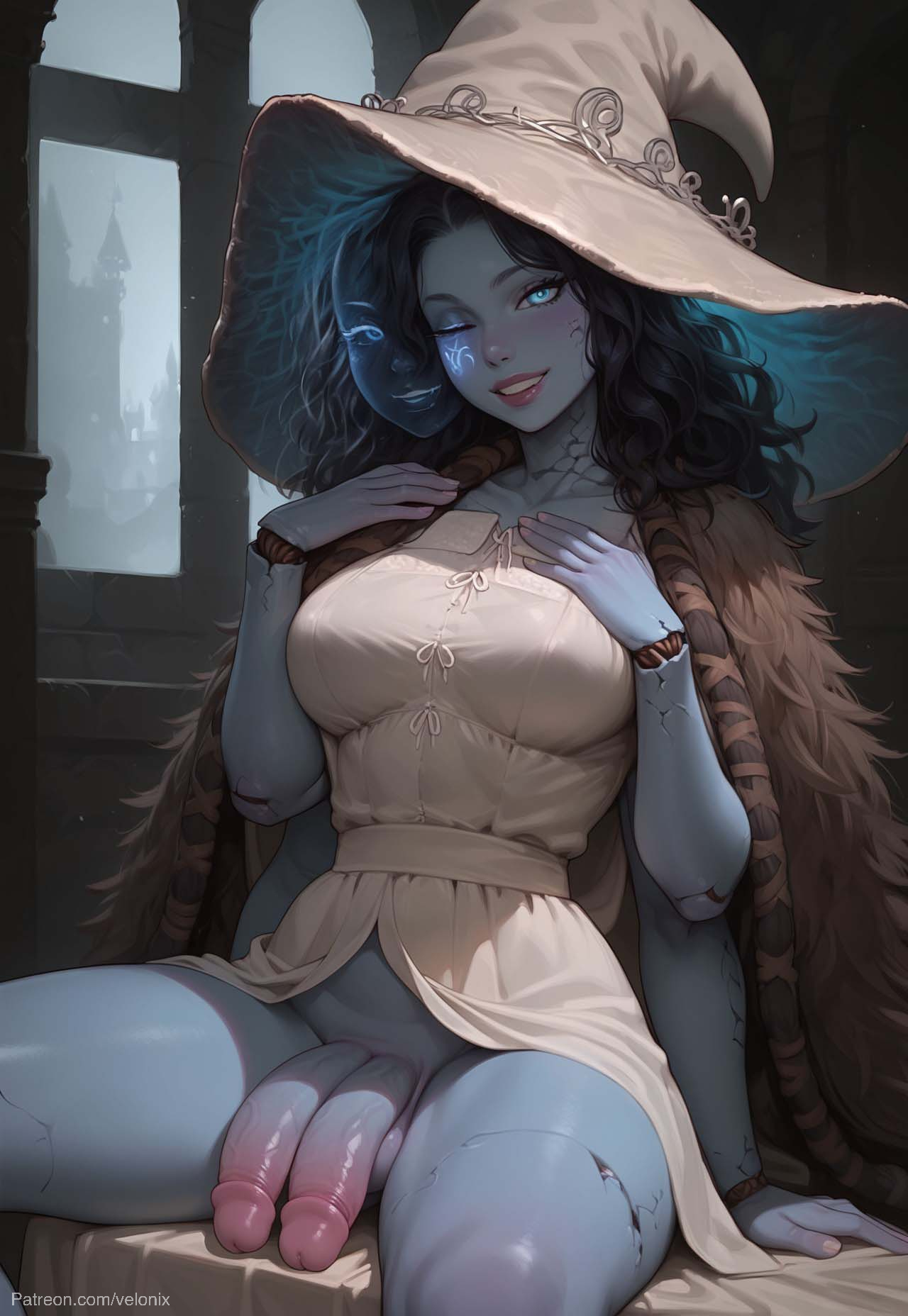 1futa, ai generated, ass, balls, big ass, big breasts, big butt, big hips, big penis, blue eyes, blue hair, blue skin, breasts, cleavage, dick, diphallia, diphallism, elden ring, eyebrows, eyelashes, fromsoftware, futa only, futanari, grin, grinning, grinning at viewer, hair, hands-free, hat, huge cock, indoors, intersex, lips, long hair, looking at viewer, makeup, multi genitalia, multi penis, narrow waist, narrowed eyes, nose, penis, puppet, ranni the witch, seducing, seductive, seductive eyes, seductive gaze, seductive look, seductive mouth, seductive pose, seductive smile, smile, smile at viewer, smiley face, smooth balls, smooth penis, smooth skin, solo, solo focus, solo futa, testicles, velonix, witch, witch hat