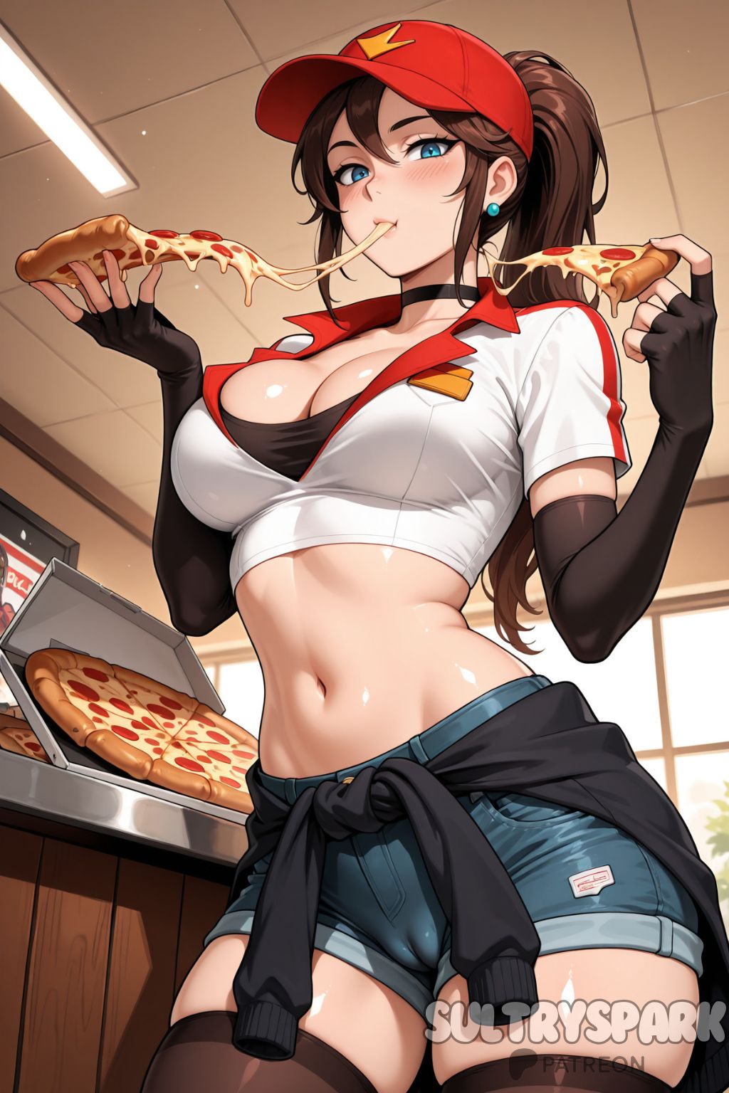 ai generated, bangs, baseball cap, black choker, black gloves, black thighhighs, blue eyes, blush, breasts, brown hair, choker, cleavage, clothes around waist, cowboy shot, crop top, denim, denim shorts, earrings, eating, elbow gloves, employee uniform, female, fingerless gloves, food, futarush, gloves, hat, holding, holding food, indoors, jacket, jewelry, large breasts, league of legends, league of legends: wild rift, long hair, looking at viewer, midriff, navel, patreon, patreon username, pizza, pizza delivery sivir, pizza slice, ponytail, red headwear, riot games, shirt, short shorts, short sleeves, shorts, sivir, solo, standing, stomach, sultryspark, thighhighs, thighs, uniform, white shirt, window