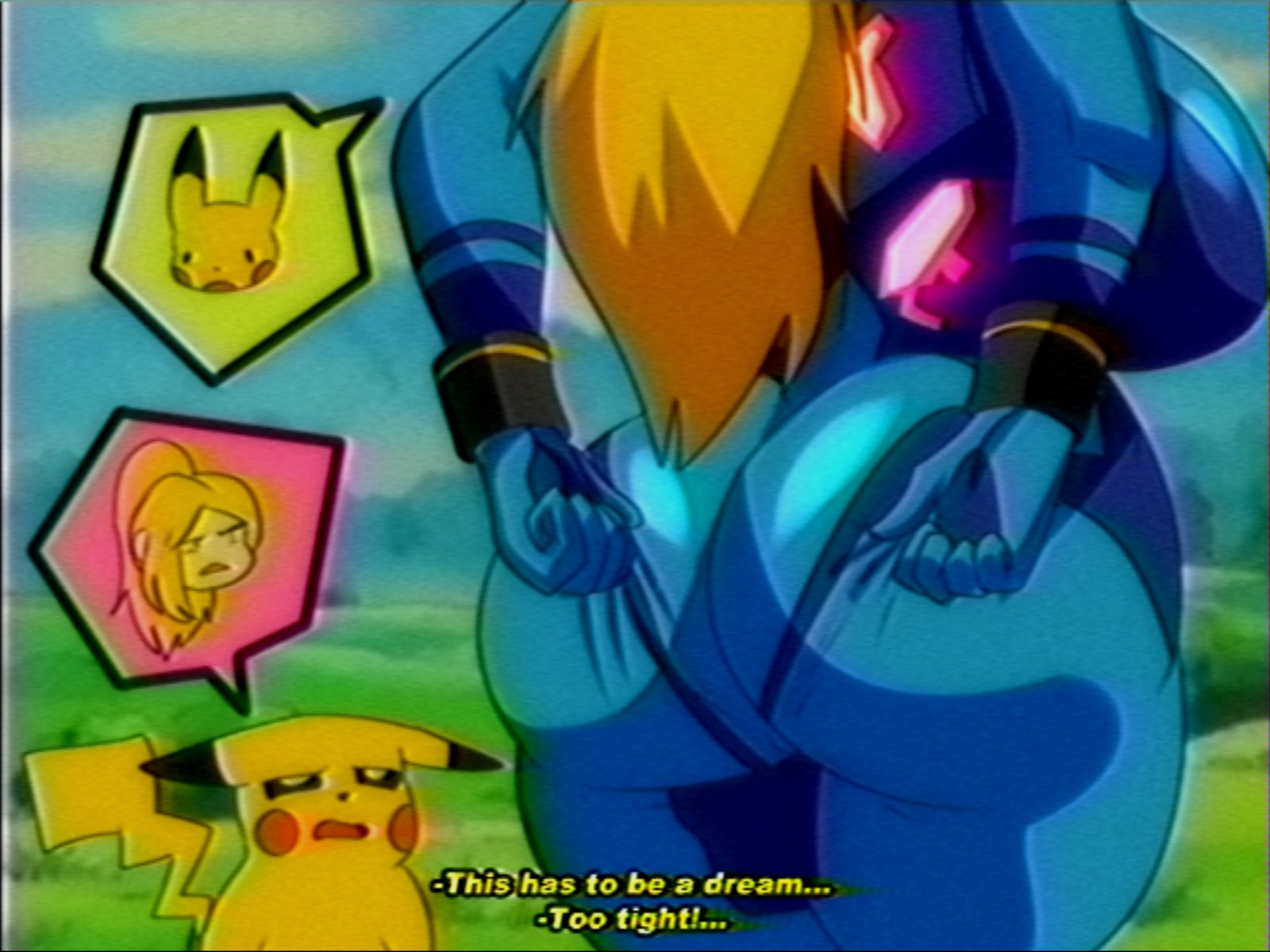 1boy, 1girls, ass, ass focus, backboob, body swap, breasts, bubble butt, english text, female, huge ass, huge breasts, large ass, large breasts, light skin, light-skinned female, long hair, lueduar, lueduartv, male, metroid, nintendo, pikachu, pokemon, retro artstyle, samus aran, text, thick thighs, thighs, tight clothing, vhs filter, wedgie, wide hips