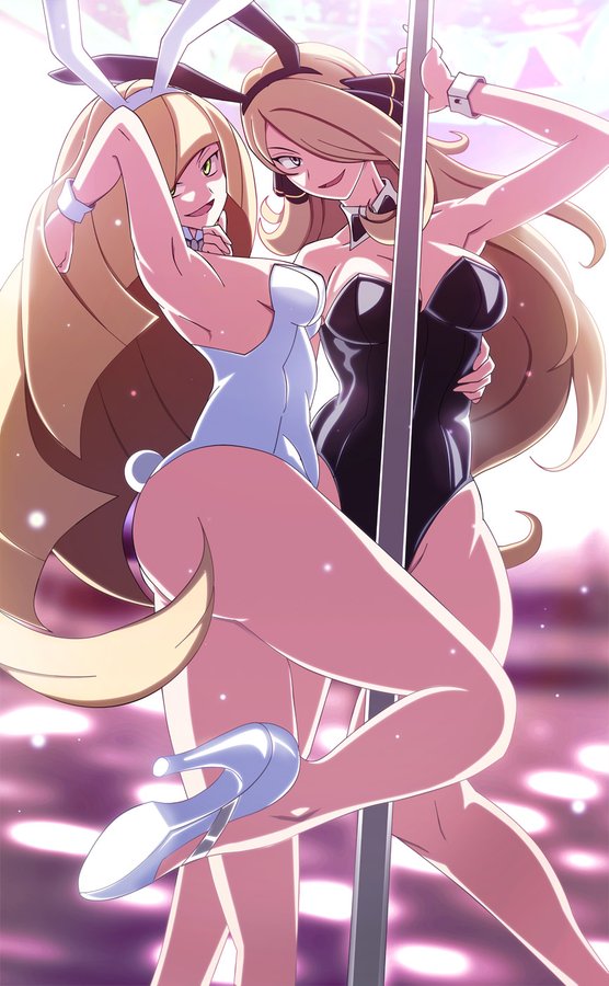 2girls alternate_outfit animal_ears armpits ass blonde_hair bodysuit breasts bunny_ears bunny_girl bunnysuit cleavage cynthia_(pokemon) eye_contact female female_focus female_only game_freak green_eyes grey_eyes grin hair_ornament hair_over_one_eye half-closed_eyes high_heels highres human human_only long_hair looking_at_viewer lusamine_(pokemon) milf mother multiple_girls nintendo pokemon pokemon_champion pokemon_dppt pokemon_sm pole pole_dancer pole_dancing pose shoes smile source_request stripper_pole thick_thighs vivivoovoo wide_hips