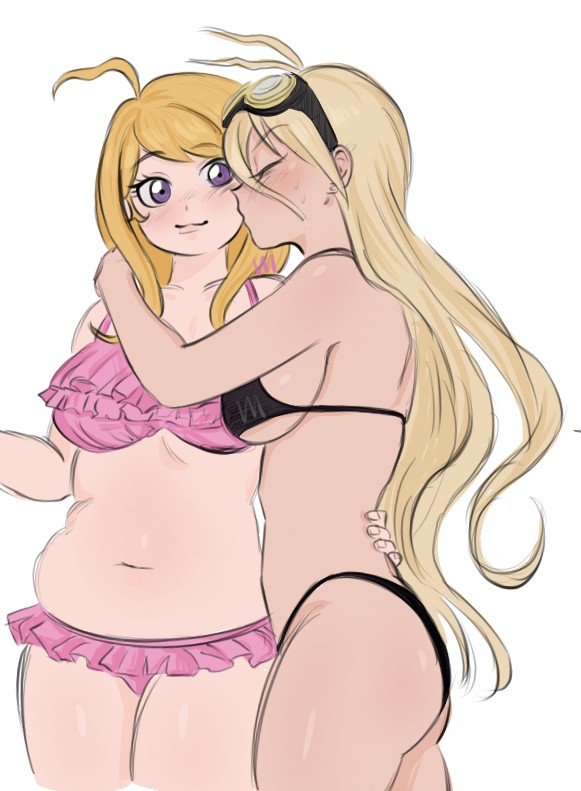 2025, 2d, 2d (artwork), 2girls, akamatsu kaede, ass, belly, bikini, black bikini, blonde female, blonde hair, blue eyes, blush, breasts, chubby, danganronpa, danganronpa v3, difference, female, female only, female/female, holding tight, iruma miu, kiss on cheek, kissing, lesbian, light skin, light-skinned female, long hair, pink bikini, sideboob, size, sweatdrop, tagme, veggiemist, white background, wholesome, yuri