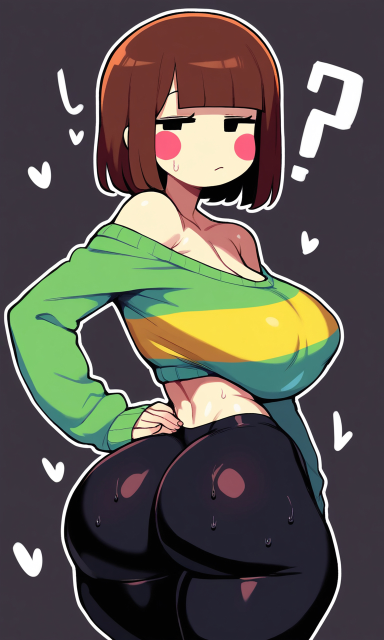 ai generated, annoyed, ass, breasts, chara, female, giant breasts, hand on hip, looking at viewer, midriff, off shoulder, off shoulder sweater, sleeves past wrists, sweat, undertale, yoga pants