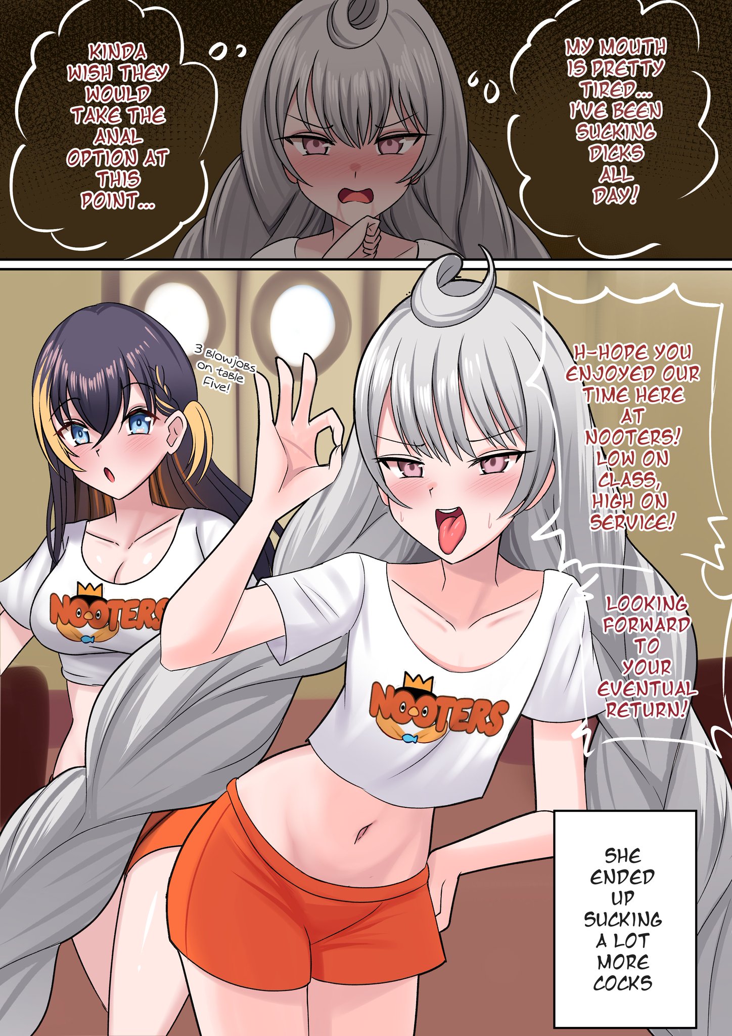 2girls, after blowjob, after fellatio, after oral, bare midriff, belly button, big breasts, big hair, black hair, blush, blushing, breasts, cleavage, comic, comic page, english text, female, flat chest, grey hair, hi res, highres, hooters, midriff, mouth open, navel, nijisanji, nijisanji en, open mouth, petra gurin, purple eyes, reimu endou, speech, speech bubble, sweat, sweating, talking, text, text box, tongue, tongue out, tummy, two-tone hair, virtual youtuber, xanadu avici, xanaduavici, yellow hair
