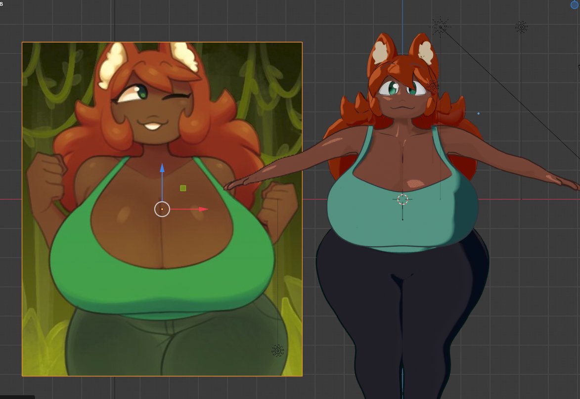 :3, 3d, 3d (artwork), 3d model, big breasts, blender, breasts, breasts bigger than head, brown skin, cleavage, cute, female, fox, fox ears, fox girl, green eyes, green shirt, hourglass figure, huge breasts, jeans, minalockout, readraws, reahmi, red hair, simple background, tank top, terraria, wide hips, wink, work in progress, zoologist (terraria)