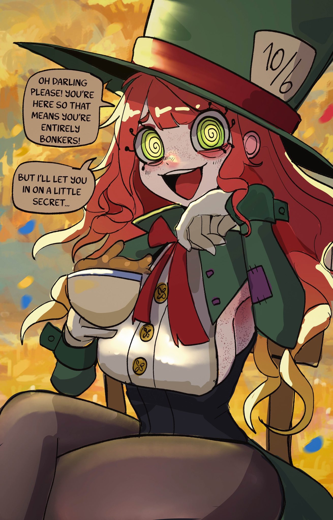 alice in wonderland, basedbinkie, big breasts, big butt, bow, bowtie, breasts, crazy eyes, crazy female, crazy smile, english text, female, freckles, genderswap (mtf), happy, happy female, hat, hips, hourglass figure, hypnotic eyes, long hair, looking at viewer, mad hatter, madness, makeup, red hair, rule 63, shirt, smile, smiley face, smiling at viewer, text, text bubble, thick thighs, waist, white body, white skin
