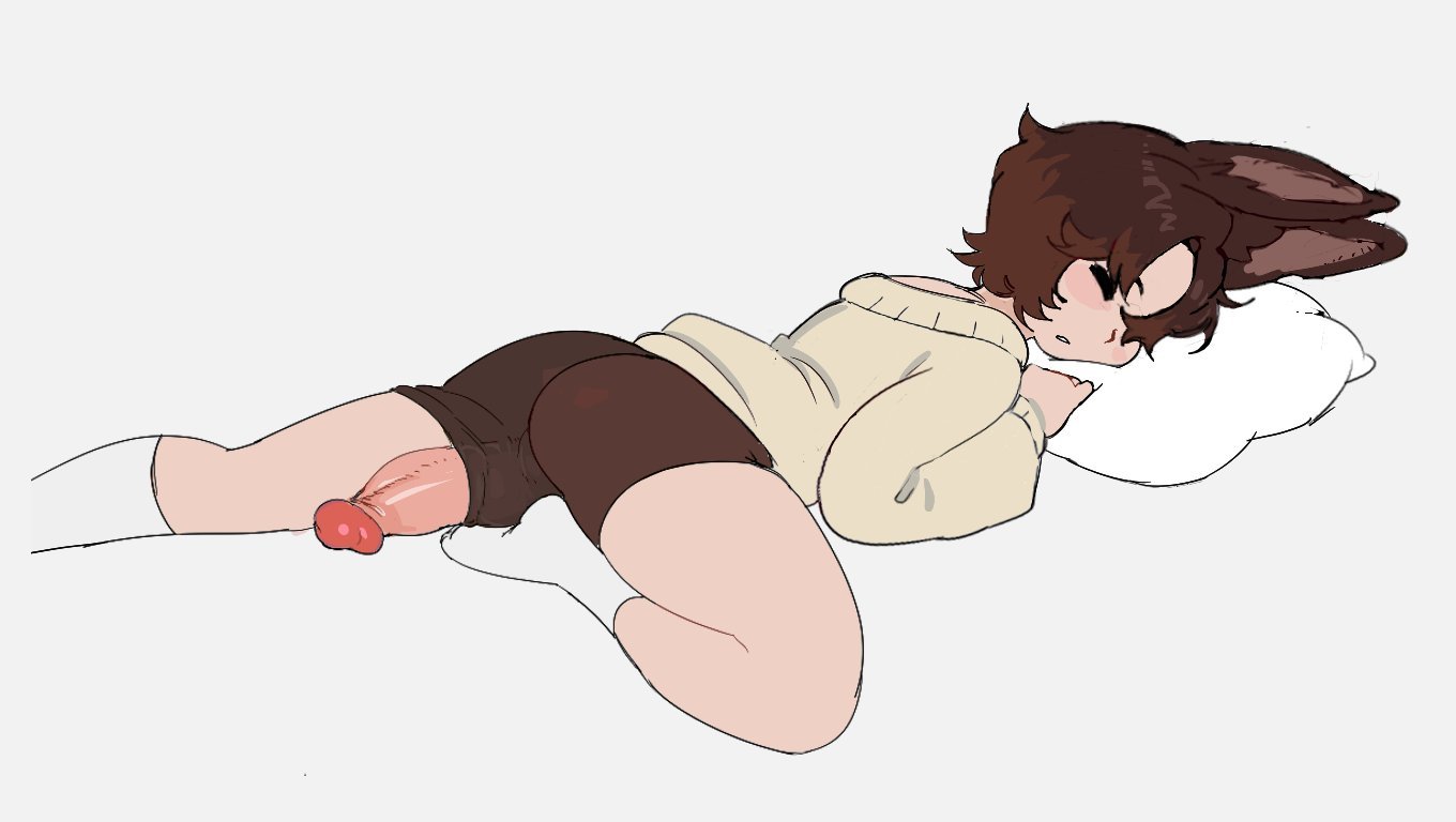 1boy, ass, big penis, brown hair, femboy, fox, fox boy, fox ears, hung trap, light skin, light-skinned male, male, male only, penis, penis through leghole, sleeping, solo, solo male, tagme, topium