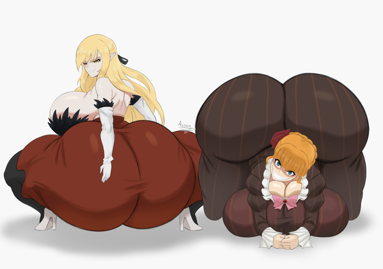 2girls, all fours, arusen, ass, ass bigger than head, ass bigger than torso, ass body, ass in dress, beatrice (umineko), big ass, big breasts, blonde hair, blue eyes, bottom heavy, breasts, bubble butt, busty, clothing, crossover, crouching, dress, face down ass up, fat ass, female, female only, hand on ass, hand on own ass, heels, huge ass, huge breasts, hyper, hyper ass, kiss-shot acerola-orion heart-under-blade, large ass, large breasts, looking at viewer, looking back, massive ass, monogatari (series), shoes, smile, squatting, thick ass, thick thighs, thunder thighs, top-down bottom-up, umineko no naku koro ni, vampire, vampire girl, white background, wide hips, yellow eyes