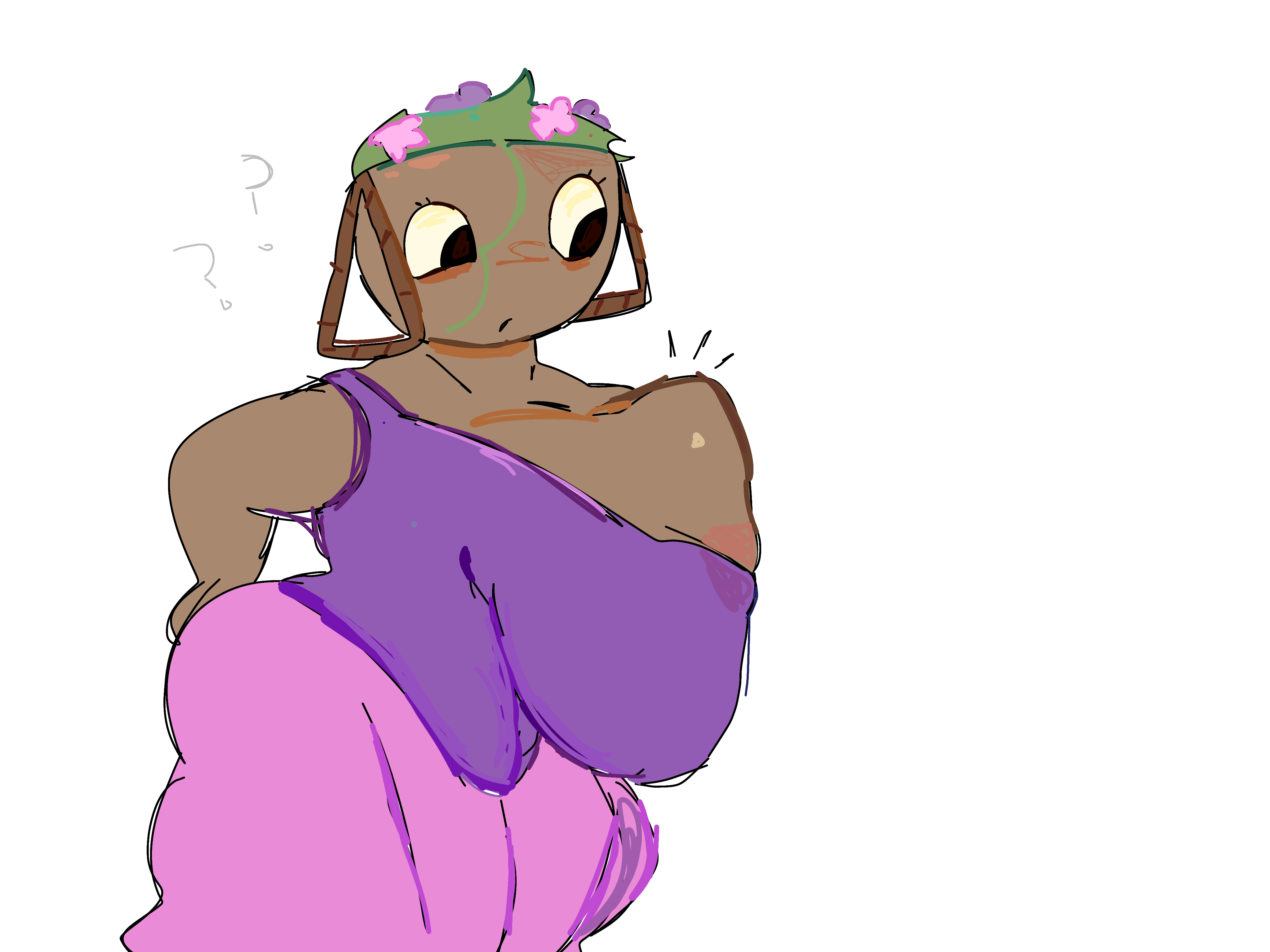 ??, bassie (dandy's world), big breasts, breasts, brown skin, confused, confused look, dandy's world, dandys world, digital media (artwork), dress, female, female only, flowers, halodouble, looking at breasts, nipples, nipples visible through clothing, object head, roblox, roblox game, solo, tagme, thick thighs