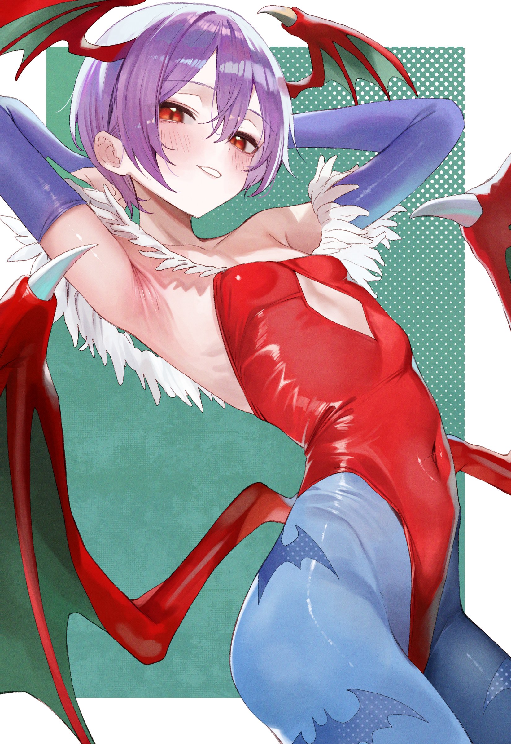 1girls, animal print, armpits, arms behind head, arms up, bare shoulders, bat print, bat wings, blue gloves, blue pantyhose, blush, border, breasts, clothing cutout, covered navel, cutout above navel, darkstalkers, demon girl, demon wings, diamond cutout, elbow gloves, female, flat chest, gloves, green background, hair between eyes, head wings, highleg, highleg leotard, highres, leotard, lilith (darkstalkers), lilith aensland, looking at viewer, low wings, off-shoulder leotard, outside border, pantyhose, print pantyhose, purple hair, red eyes, red leotard, red wings, short hair, slit pupils, small breasts, smile, smiling, smiling at viewer, solo, succubus, suujiniku, very short hair, white border, wings, wings on head