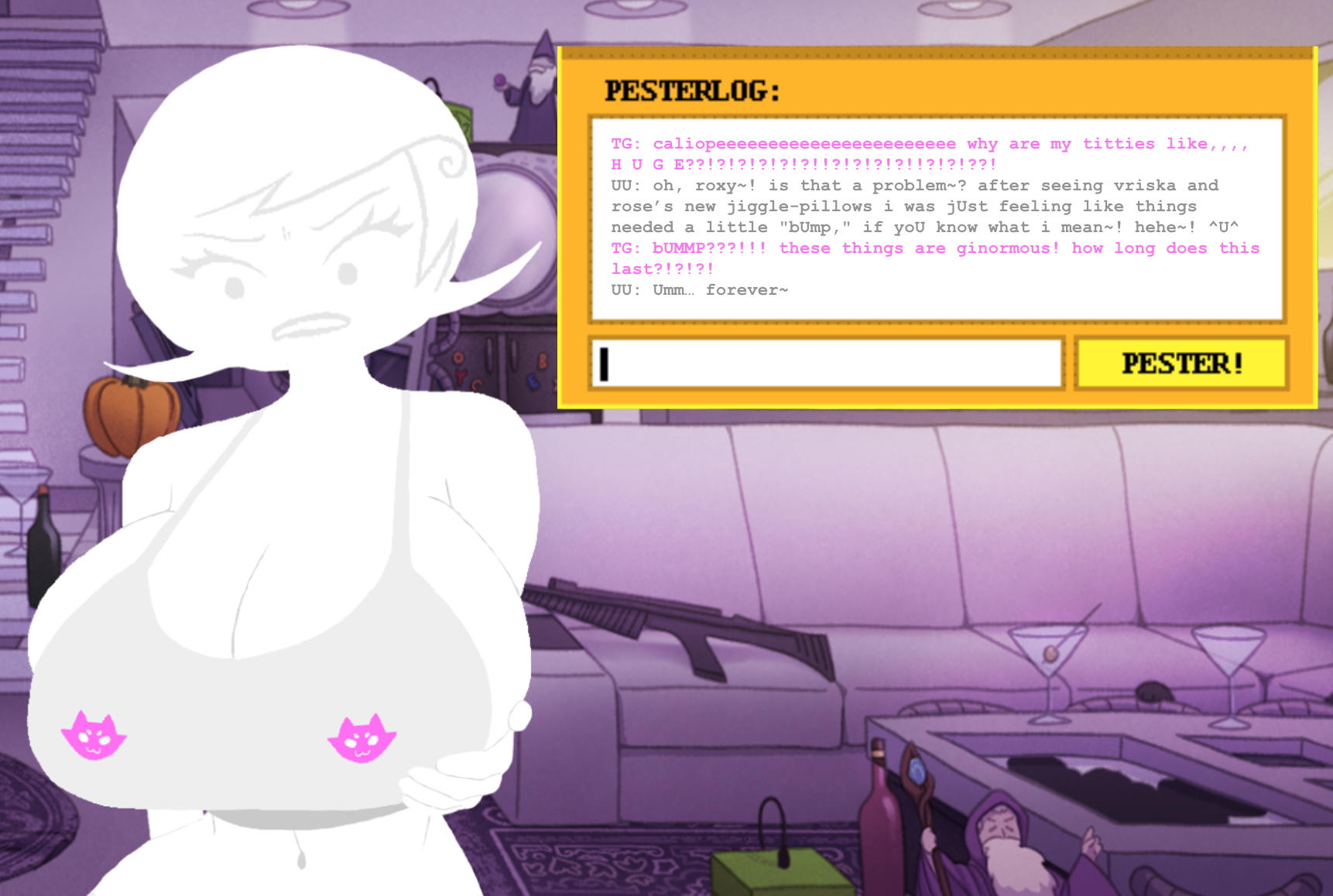 accurate art style, bra, breast expansion, breast growth, breast growth (enlargement), breasts, calliope (homestuck), dialogue, dialogue box, dialogue bubble, female, help44com, homestuck, inconvenient breasts, roxy lalonde, self upload, tank top