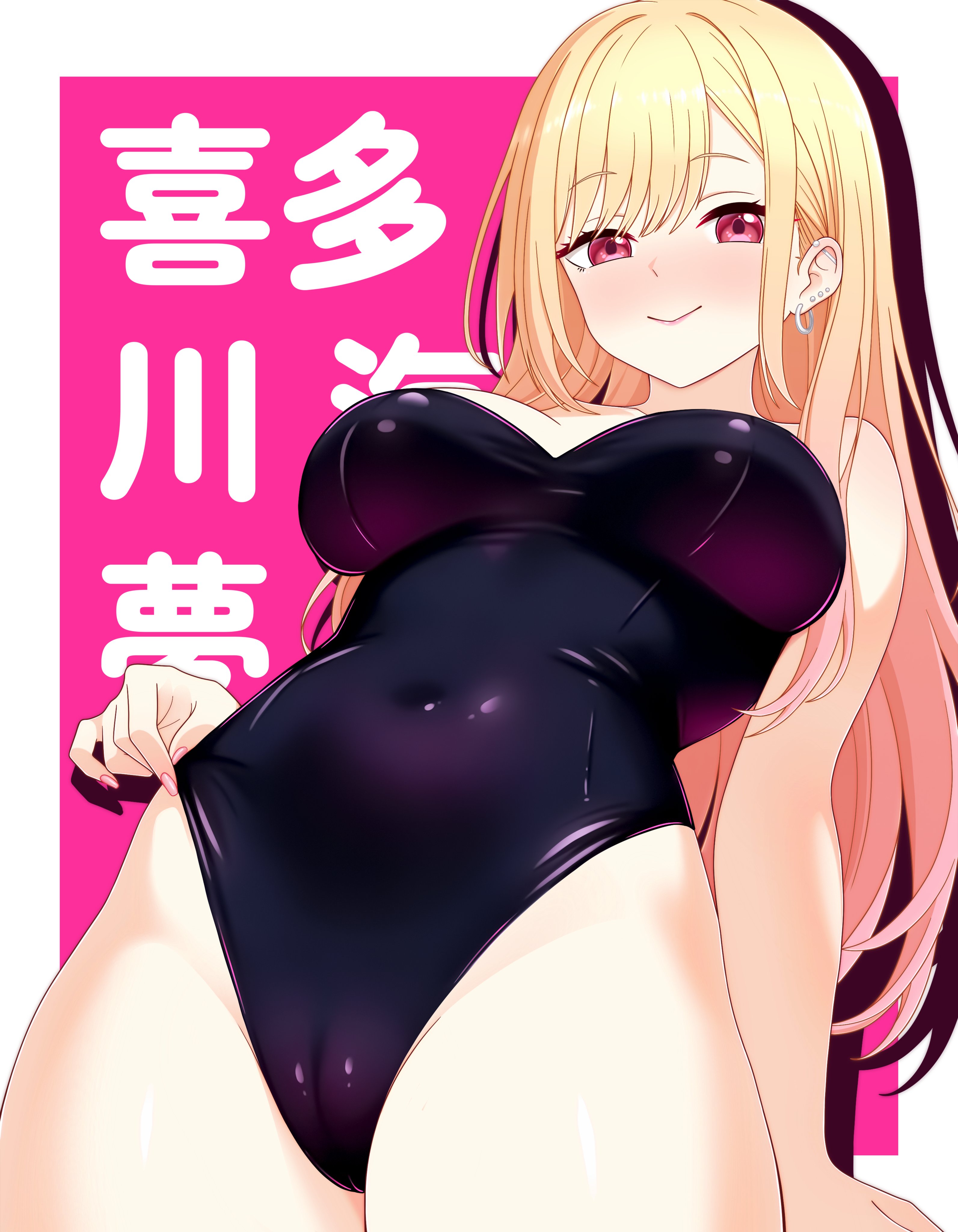 1girls, alternate version available, big breasts, black leotard, blonde hair, breasts, dullahan (alekey art), ear piercing, earrings, female, female only, gyaru, hair, high resolution, highres, kitagawa marin, leotard, lips, long hair, nail polish, nails, pink eyes, pink nail polish, pink nails, solo, solo female, sono bisque doll wa koi wo suru, thighs