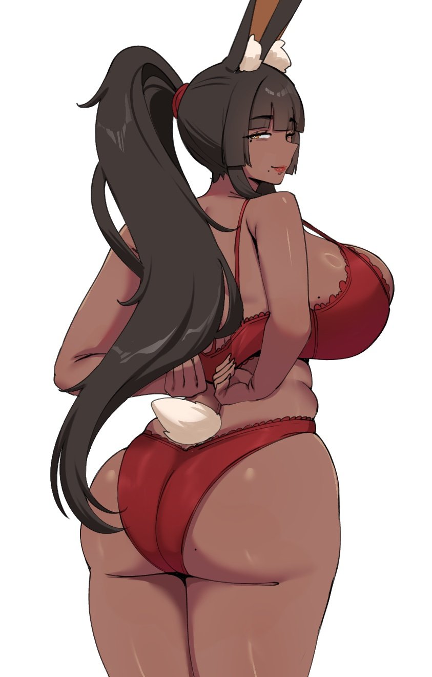 ass, back view, big ass, big breasts, blowing kiss, breasts, bunny ears, bunny girl, choco (wozzu1), curvaceous, curvaceous female, curvaceous figure, curvy, curvy figure, curvy hips, dark skin, dark-skinned female, female, huge ass, huge breasts, lingerie, long hair, looking at viewer, looking back, solo female, tagme, thick thighs, wozzu1