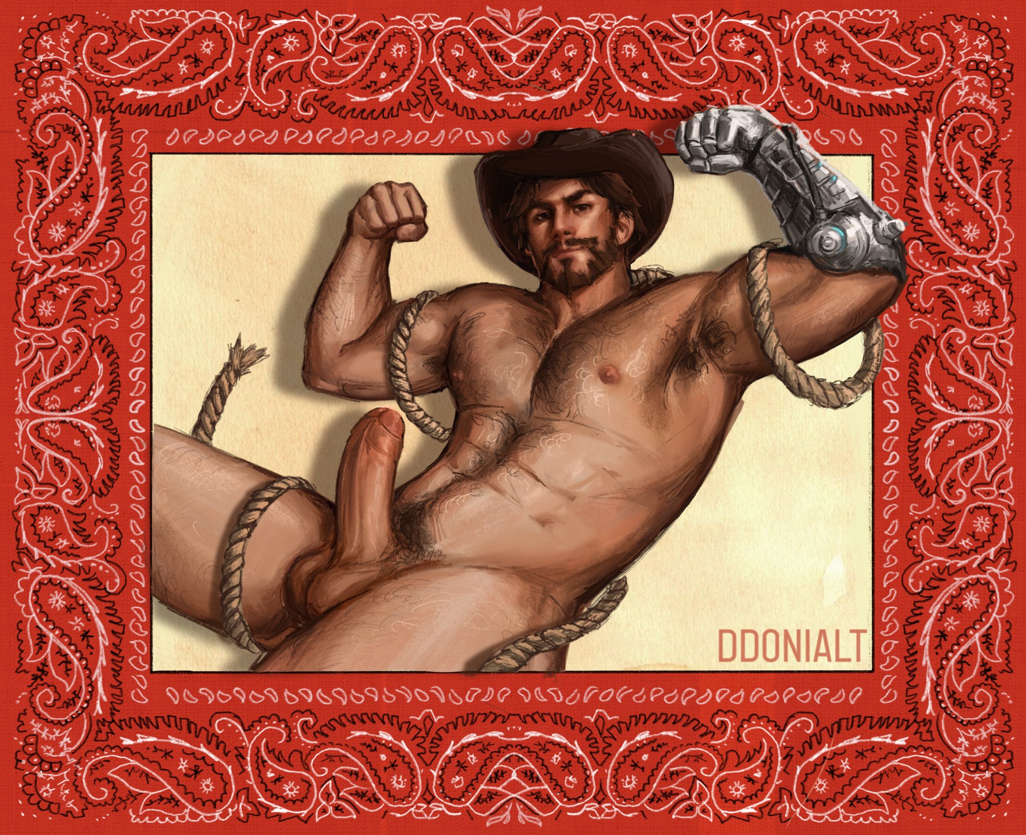 armpit hair, armpits, body hair, circumcised, cole cassidy, cowboy hat, ddonialt, dilf, flexing, male, male only, overwatch, overwatch 2, prosthetic arm, rope, solo