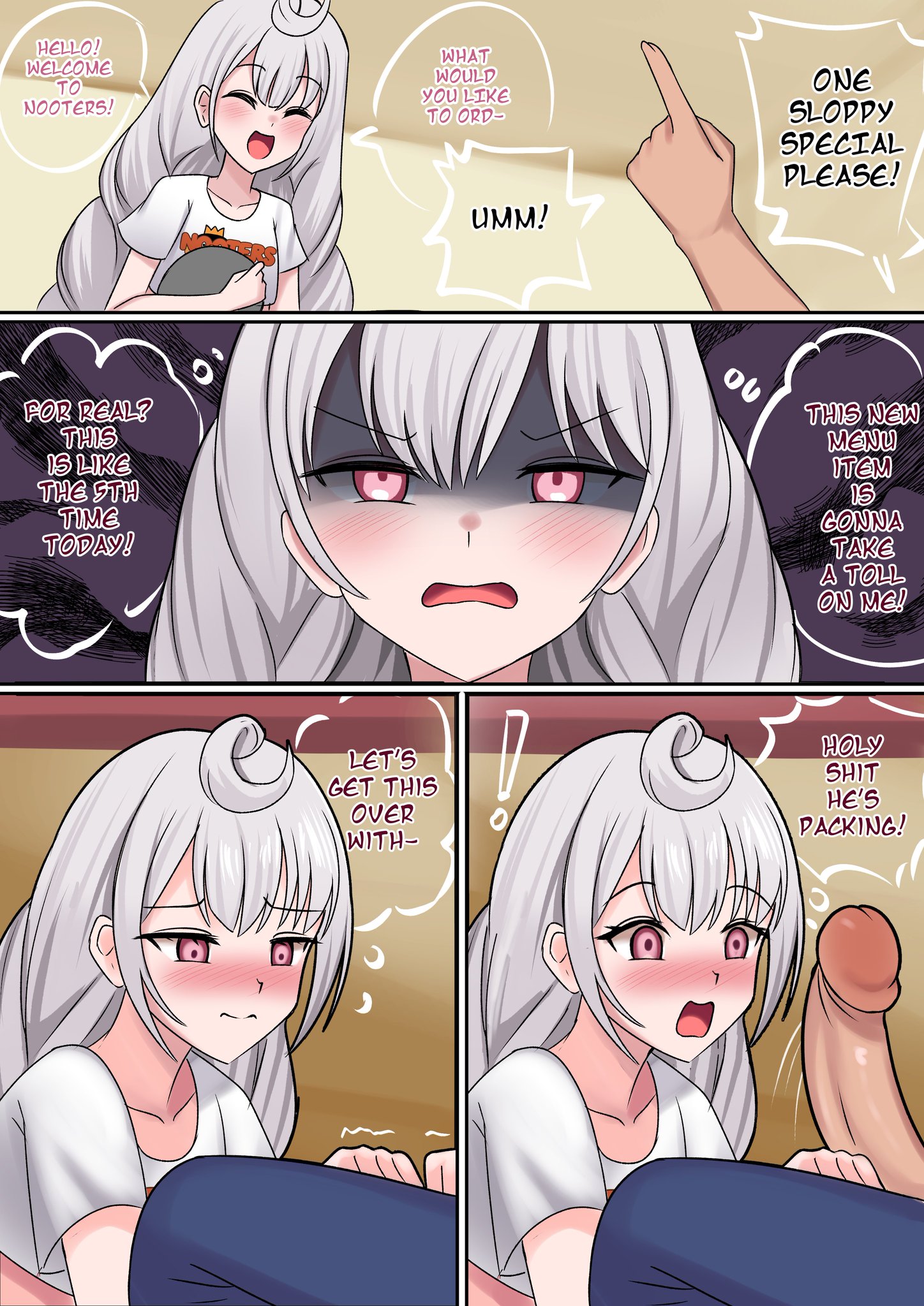 1boy, 1girls, bare penis, before blowjob, before oral, big penis, blush, blushing, comic, comic page, english text, exposed penis, female, grey hair, hi res, highres, looking at penis, male, nijisanji, nijisanji en, penis, penis awe, purple eyes, reimu endou, servicing from below, speech, speech bubble, surprised, surprised expression, text, thought bubble, uncensored, virtual youtuber, xanadu avici, xanaduavici