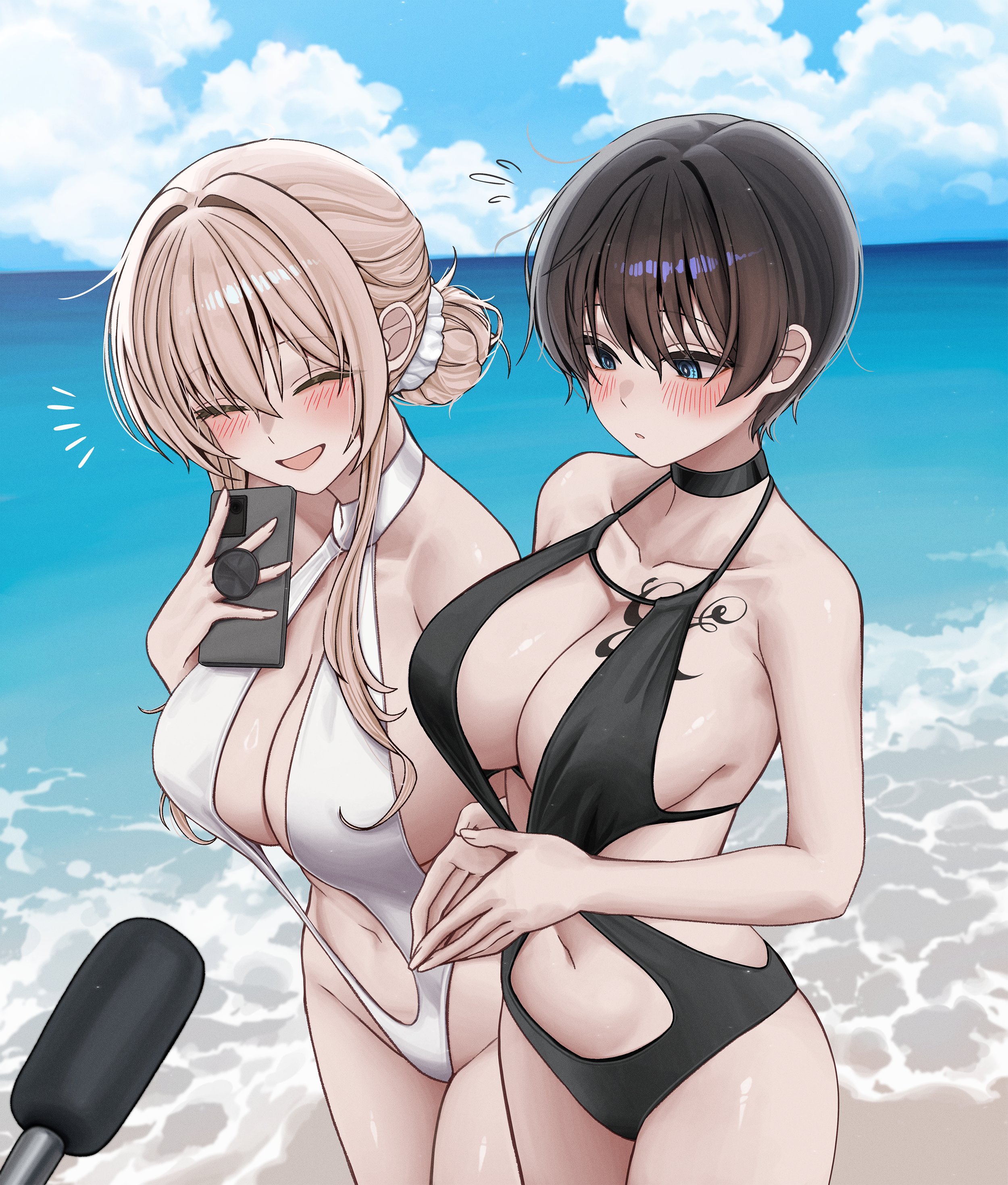 2girls, beach, big breasts, black hair, blonde female, blonde hair, blue eyes, blush, breasts, choker, closed eyes, female, gwan-e, hair bun, hair ornament, highleg, highleg swimsuit, interview, light-skinned female, microphone, milf, mother, mother and daughter, navel, one-piece swimsuit, open mouth, original, original character, phone, short hair, sideboob, smile, swimsuit, swimwear, tattoo, tomboy, tsukasa erin, tsukasa karin, very short hair, wet, wet body