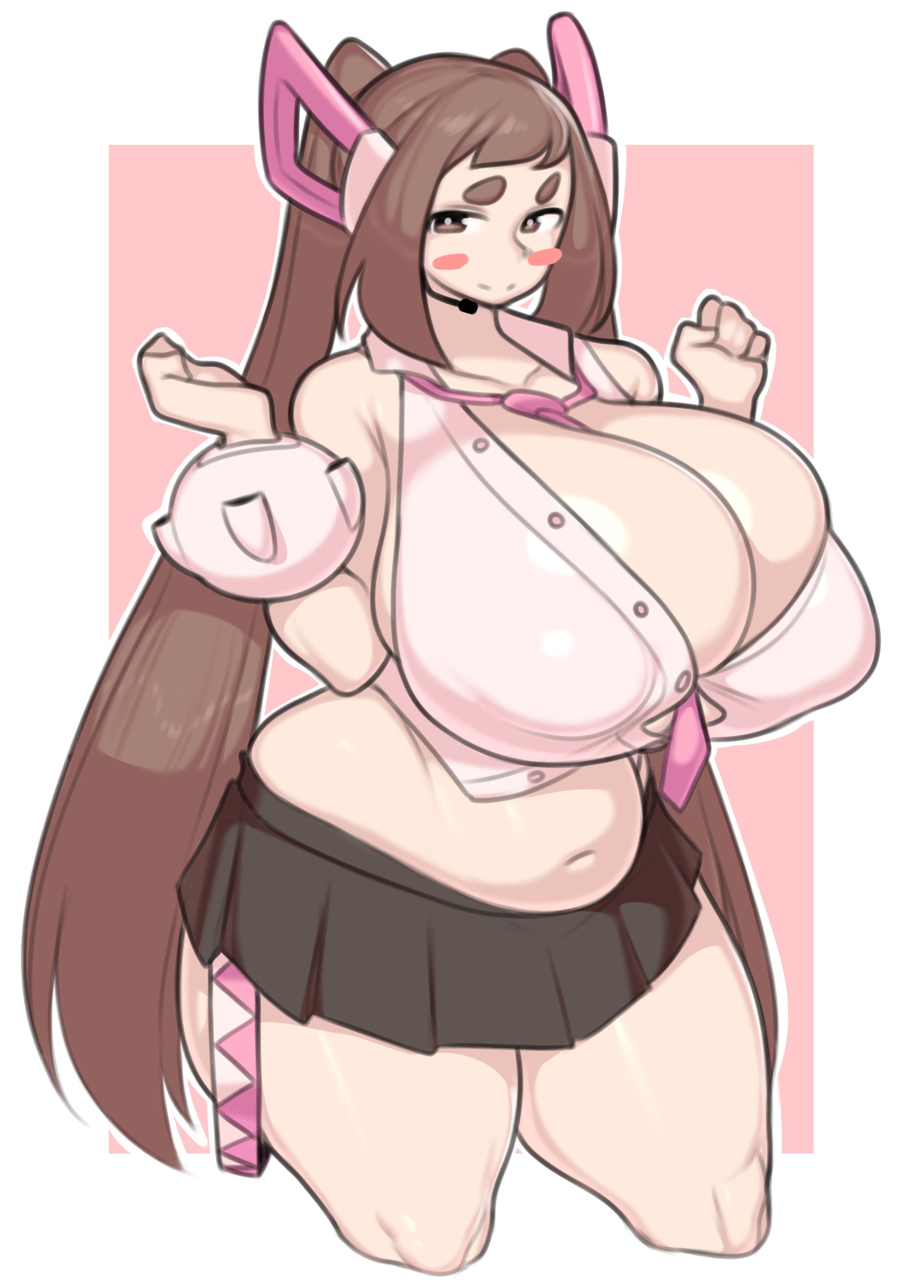 1girls, boku no hero academia, breasts, female, female focus, female only, large breasts, light skin, light-skinned female, looking at viewer, my hero academia, ochako uraraka, onaeane, skirt, solo, thick thighs, thighs, twintails, wide hips
