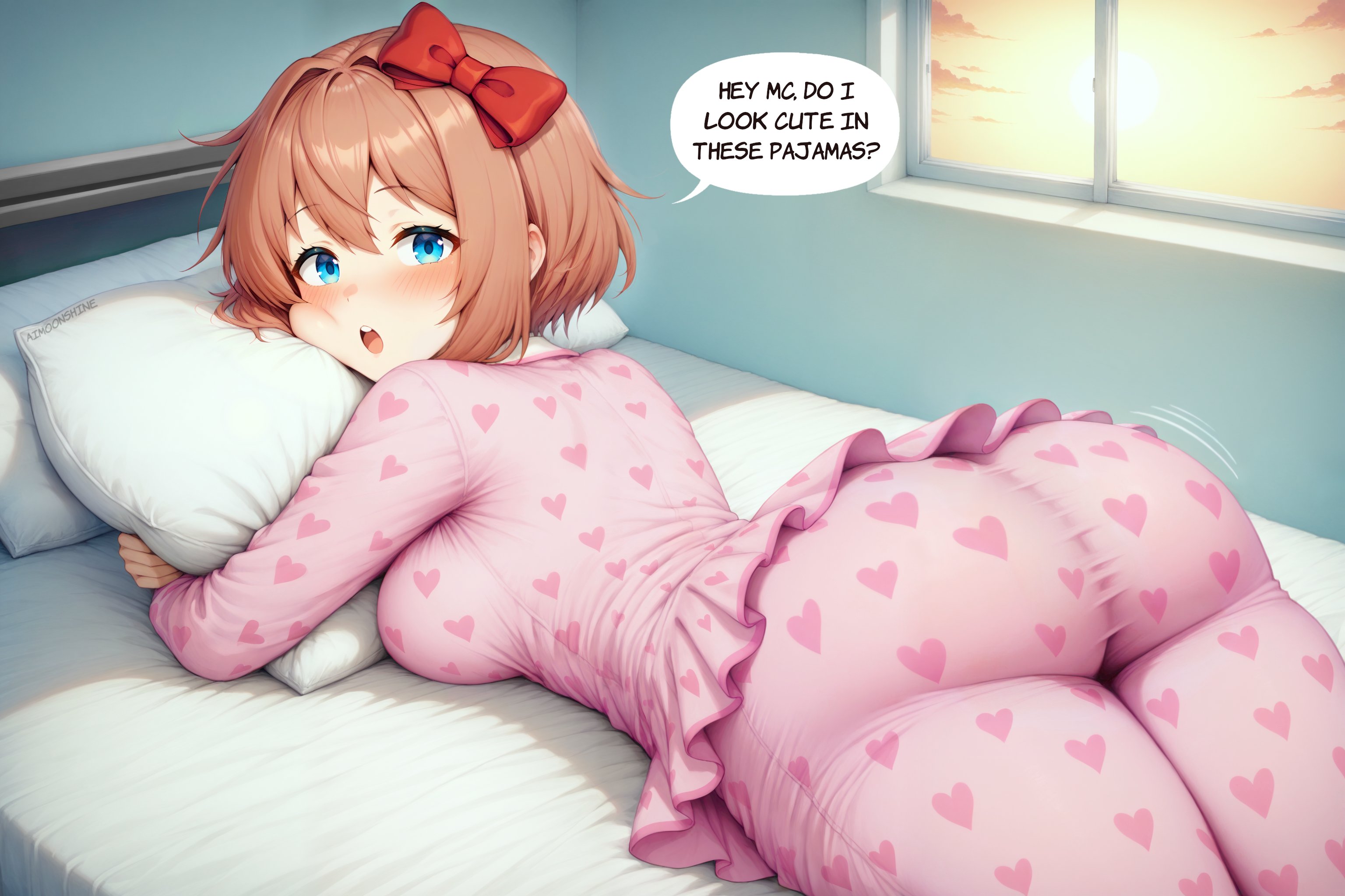 1girls, ai generated, aimoonshine, ass, ass focus, bed, bed sheet, big ass, blue eyes, blush, bow, breasts, brown hair, cheek press, cheek squish, dialogue, doki doki literature club, dress, english text, female, female only, from behind, hair between eyes, hair ribbon, hairbow, heart, heart print, hugging object, indoors, large breasts, long sleeves, looking at viewer, looking back, lying, lying down, lying on bed, lying on stomach, medium breasts, motion lines, on bed, on stomach, open mouth, pajamas, pillow, pillow hug, pink dress, pink pajamas, print clothing, print legwear, print pajamas, print shirt, prone, red bow, sayori (doki doki literature club), short dress, short hair, solo, solo female, speech bubble, sunset, talking to viewer, text, text bubble, thick thighs, tight clothing, tight pants, upper teeth, upper teeth only, window